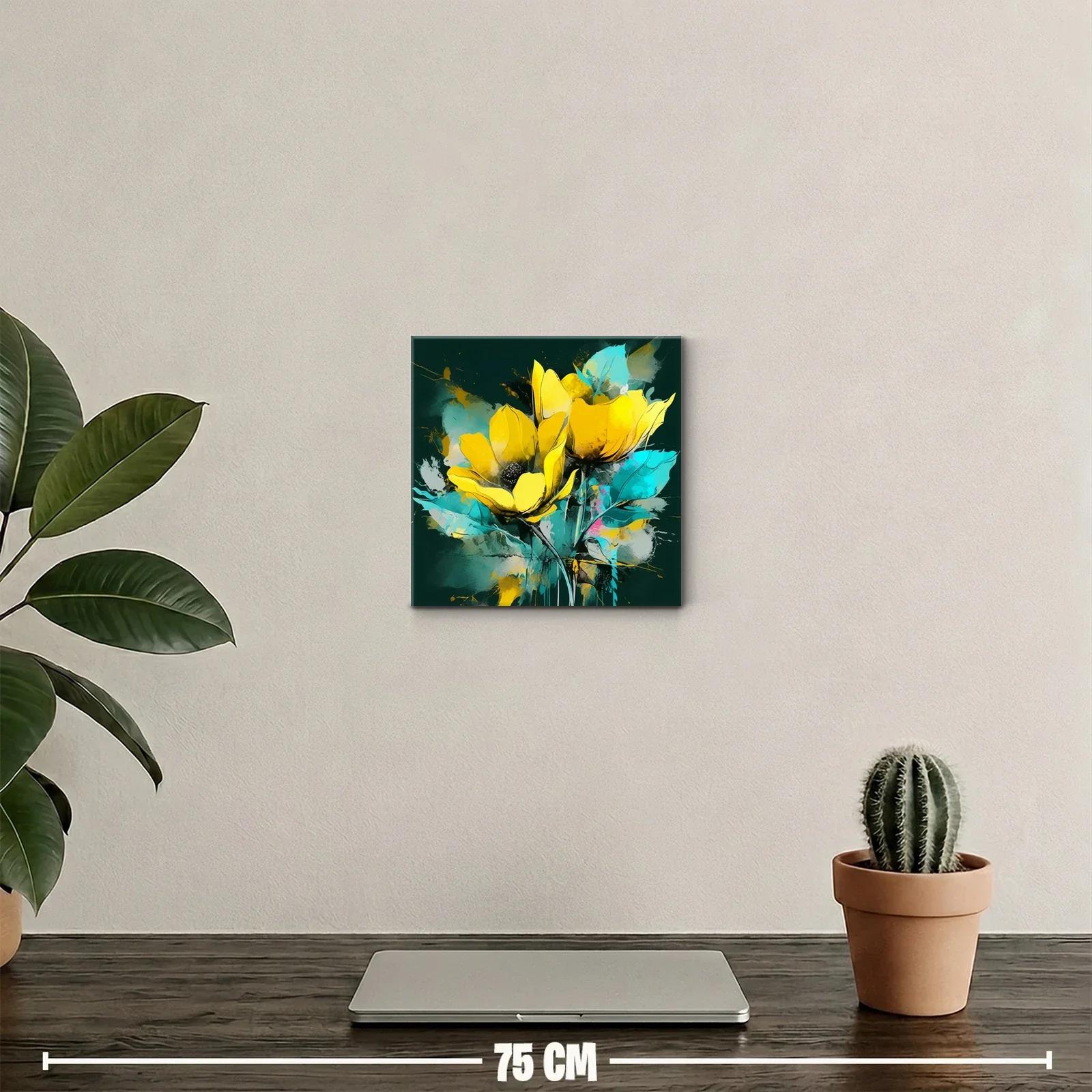 Cuadro decorativo con flores amarillas y hojas turquesas — miniatura 2