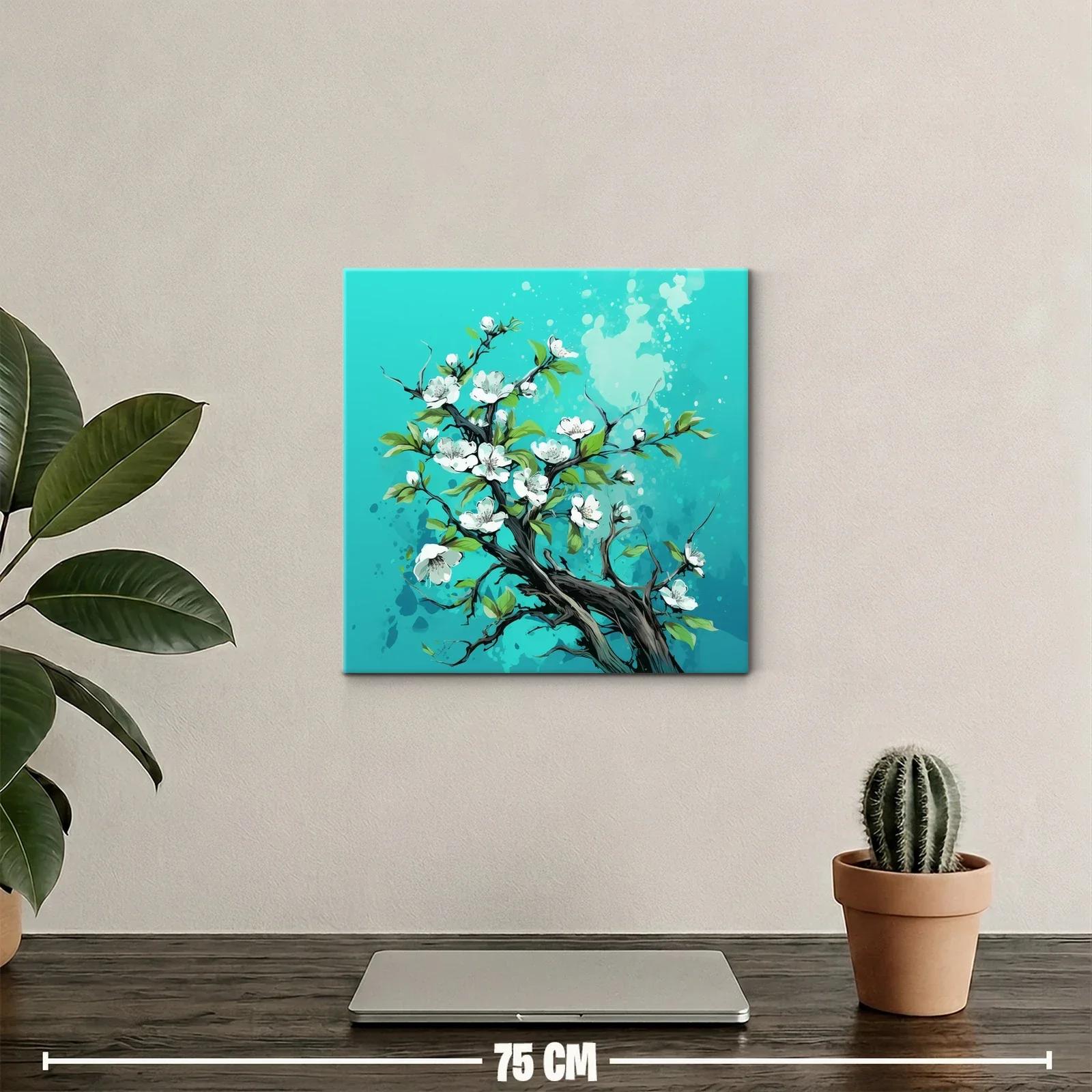 Rama de flores blancas con hojas verdes sobre fondo turquesa — miniatura 2