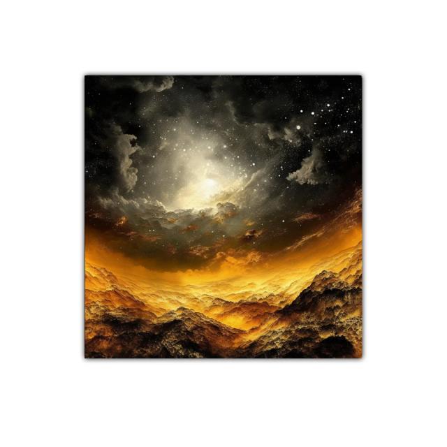 Paisaje cósmico con luces doradas y cielo estrellado