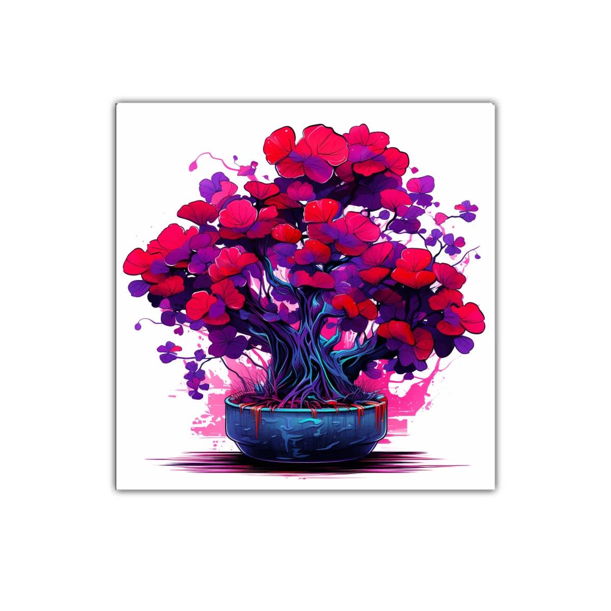 Cuadro vibrante de árbol floral en tonos rojos y púrpuras — imagen principal