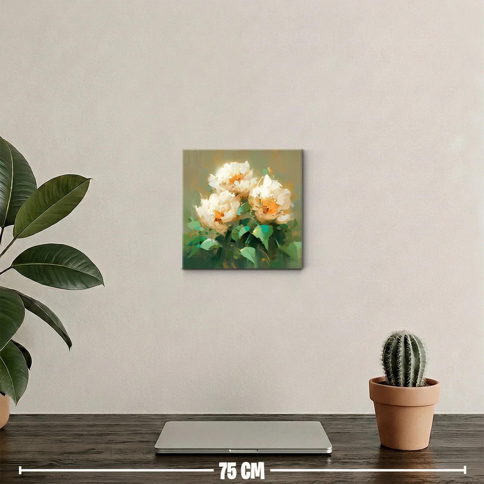 Cuadro con flores blancas y tonos verdes y dorados — miniatura 2