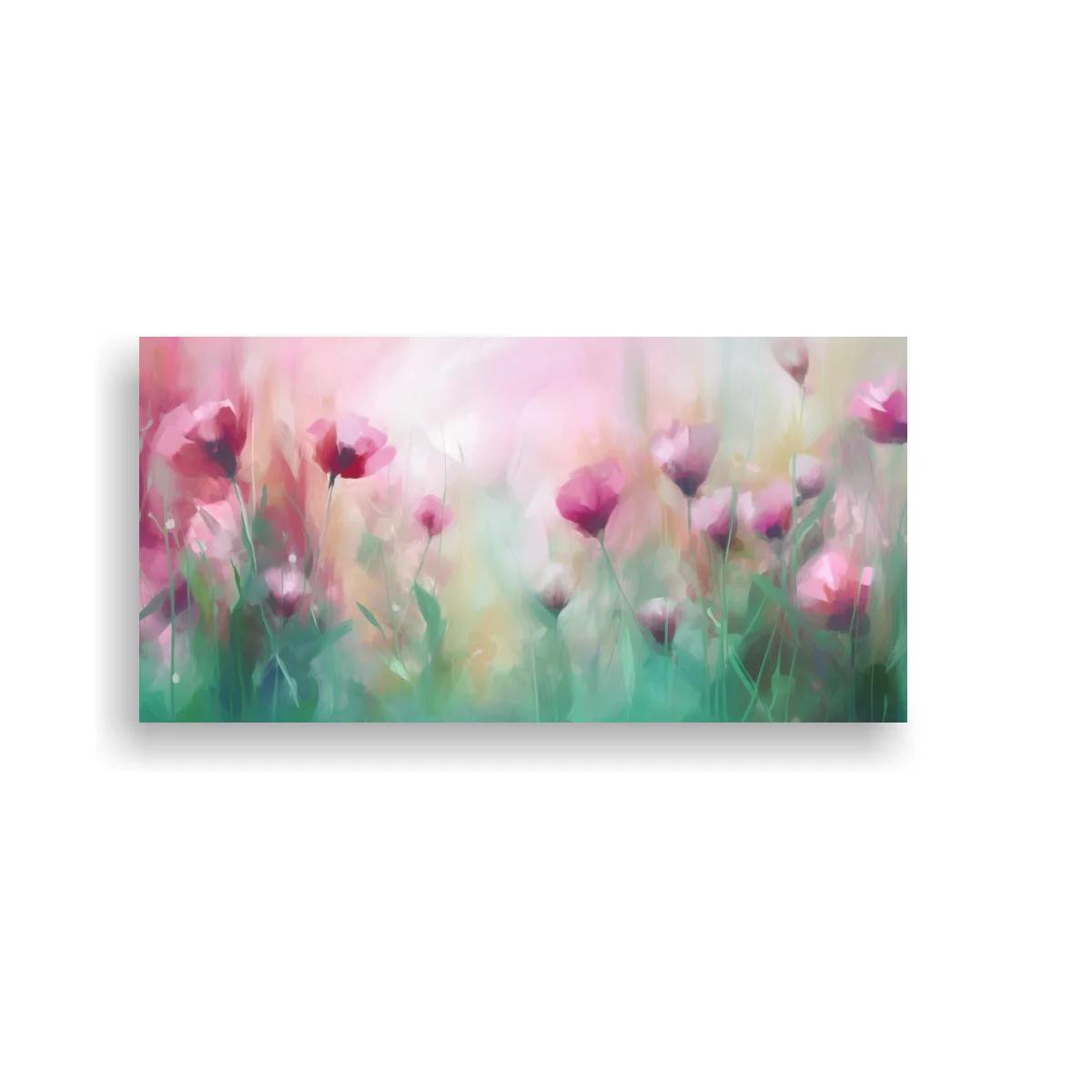 Cuadro tulipanes rosados en paisaje horizontal luminoso