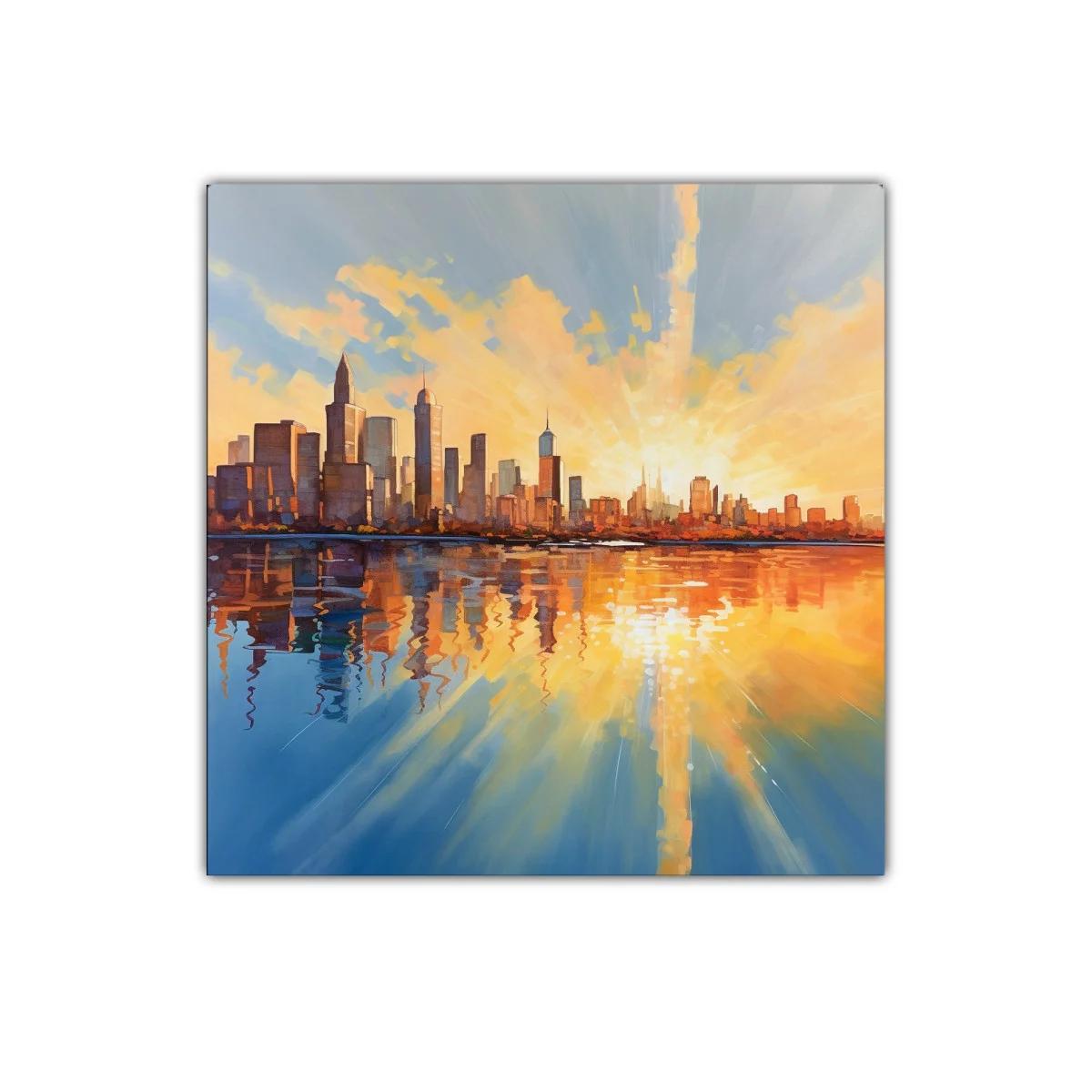 Atardecer vibrante sobre horizonte urbano reflejado en agua — imagen principal