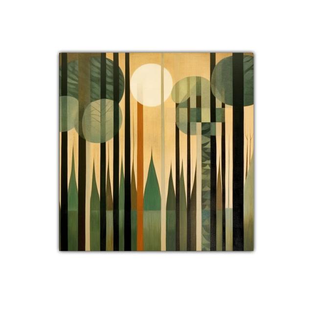 Bosque geométrico en tonos verdes y ocres cálidos