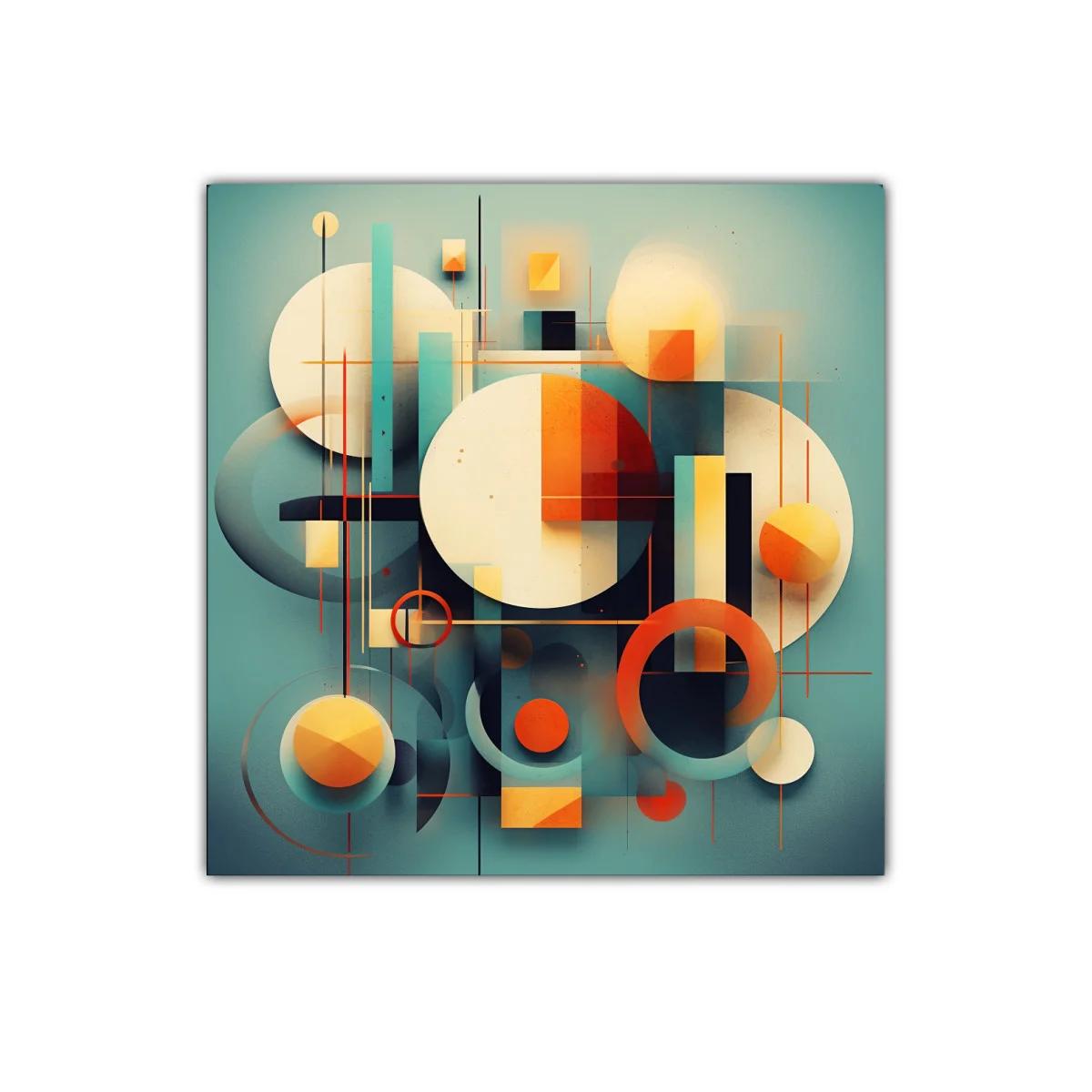 Composición abstracta con círculos y líneas en tonos cálidos y fríos