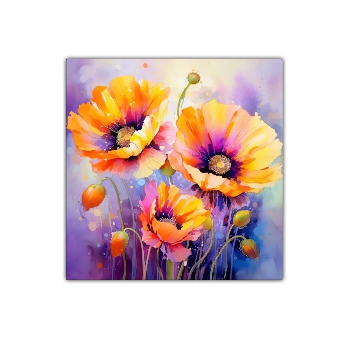 Cuadro vibrante con amapolas en tonos cálidos y fondo liláceo — imagen principal