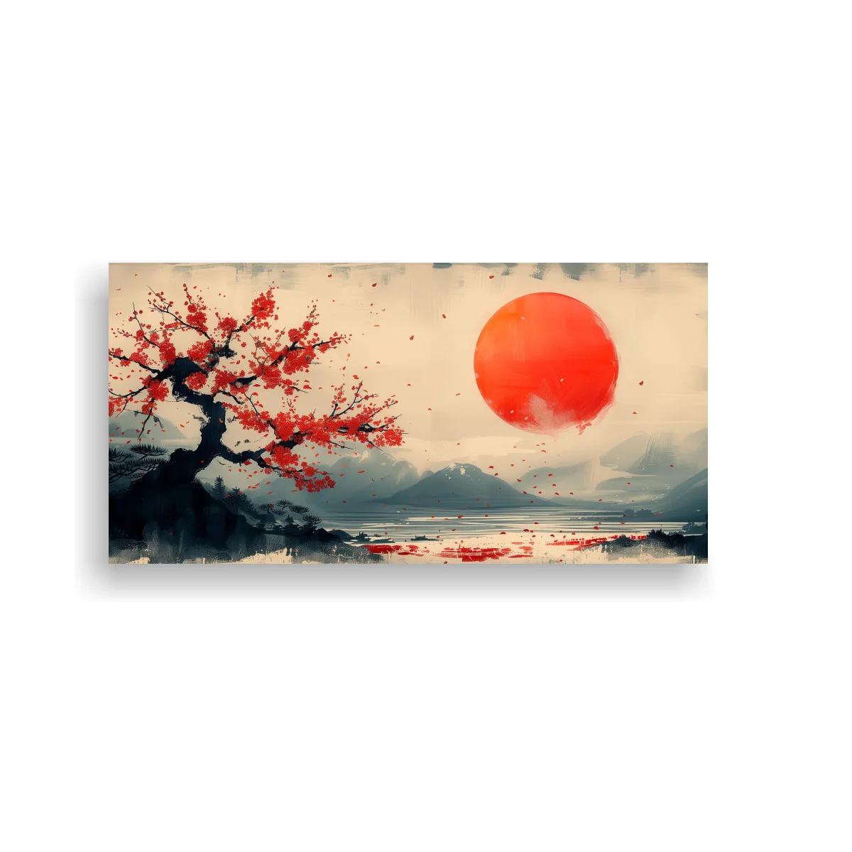 Cuadro árbol japonés con flores rojas y sol rojo sobre el lago