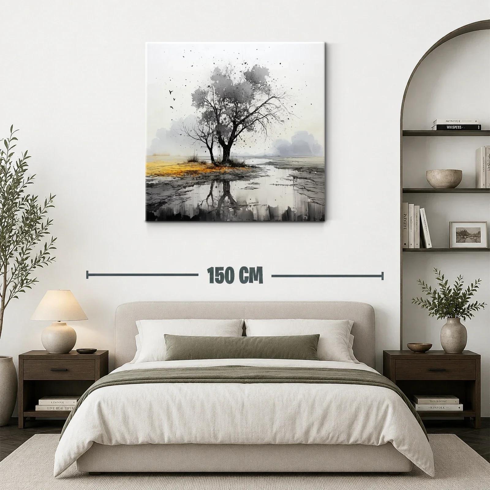 Paisaje sereno con árbol y reflejo en tonos neutros — miniatura 3