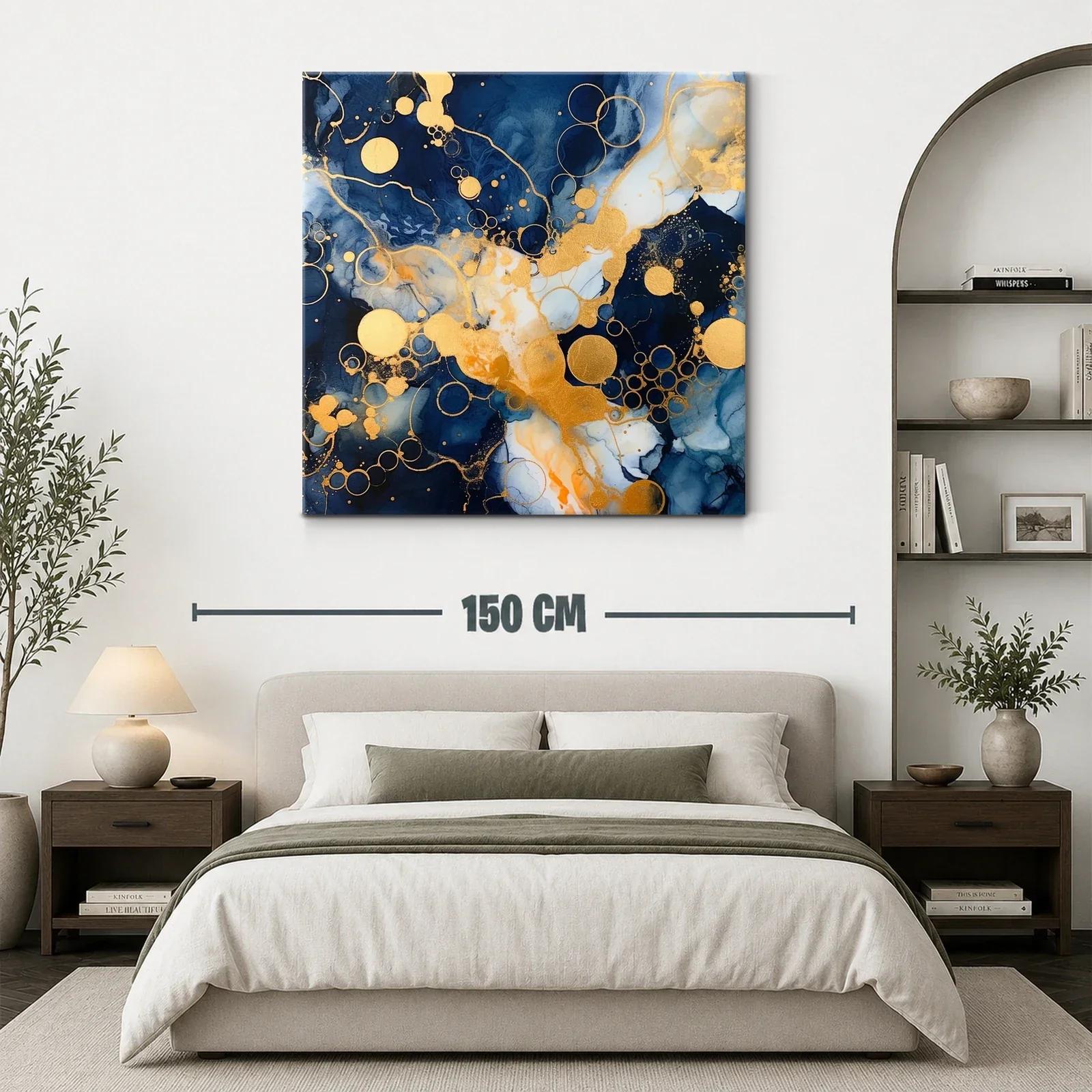 Cuadro abstracto con círculos dorados y tonos azul profundo — miniatura 3