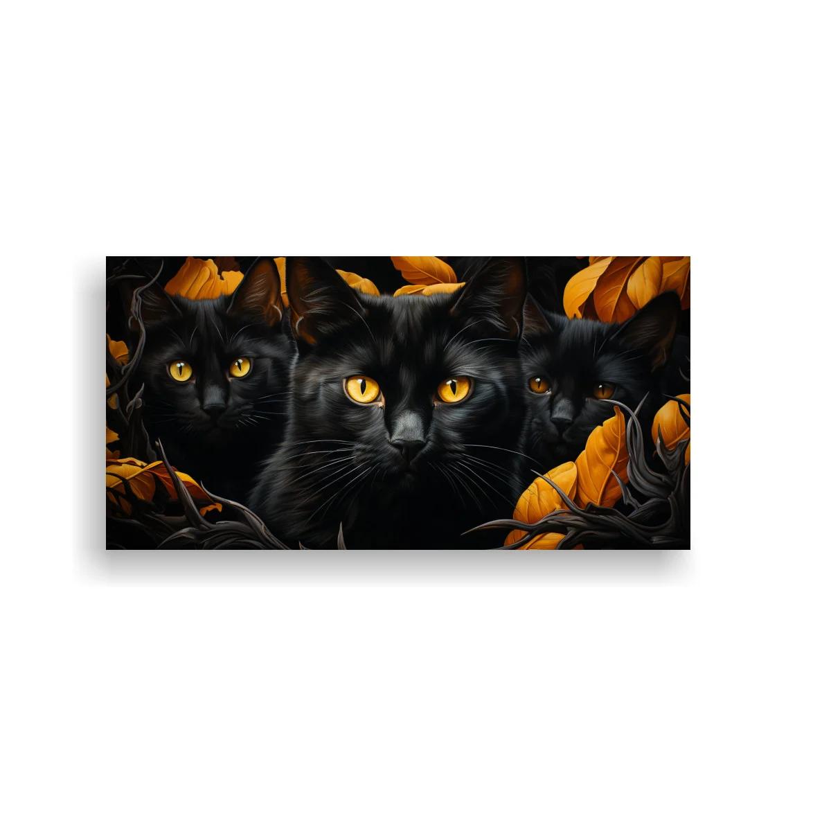 Cuadro tres gatos negros de ojos ámbar entre hojas doradas — imagen principal