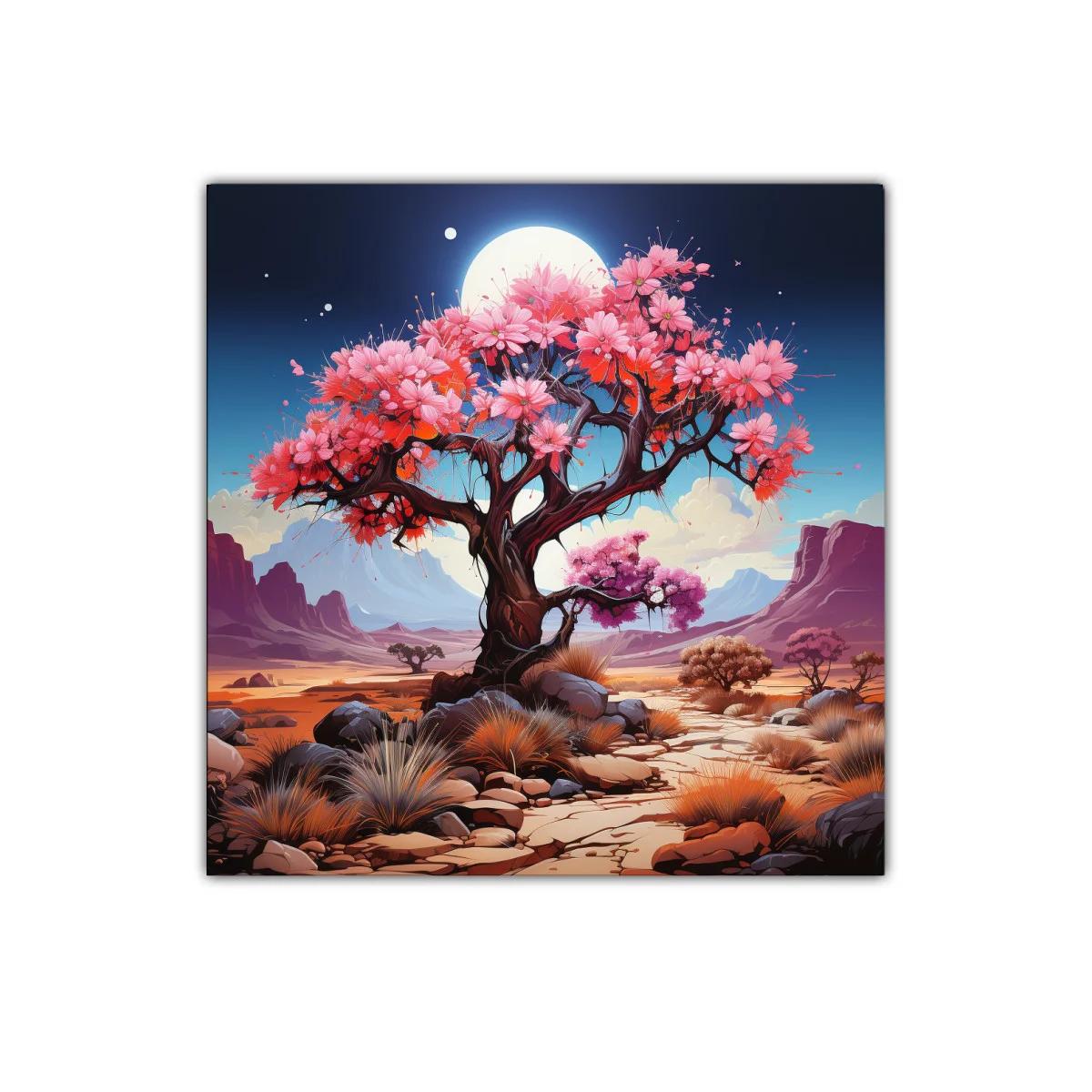 Árbol florido bajo luna llena en paisaje desértico — imagen principal