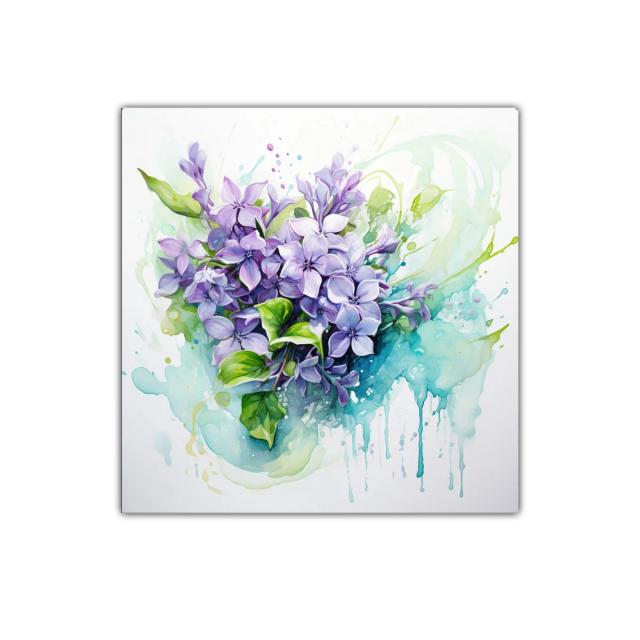 Cuadro decorativo con ramo de flores lilas y verdes