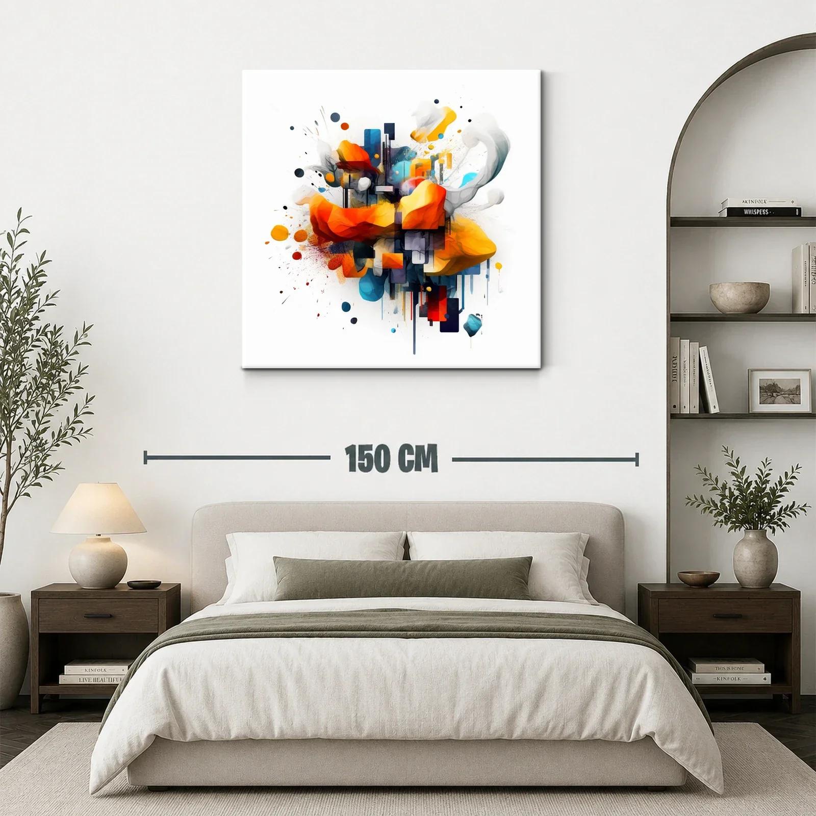 Cuadro abstracto con formas vibrantes en tonos cálidos y fríos — miniatura 3