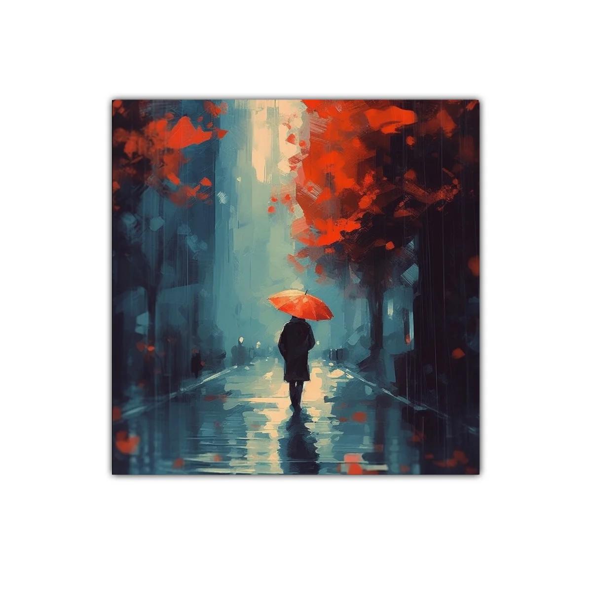 Caminante bajo paraguas rojo en noche lluviosa — imagen principal