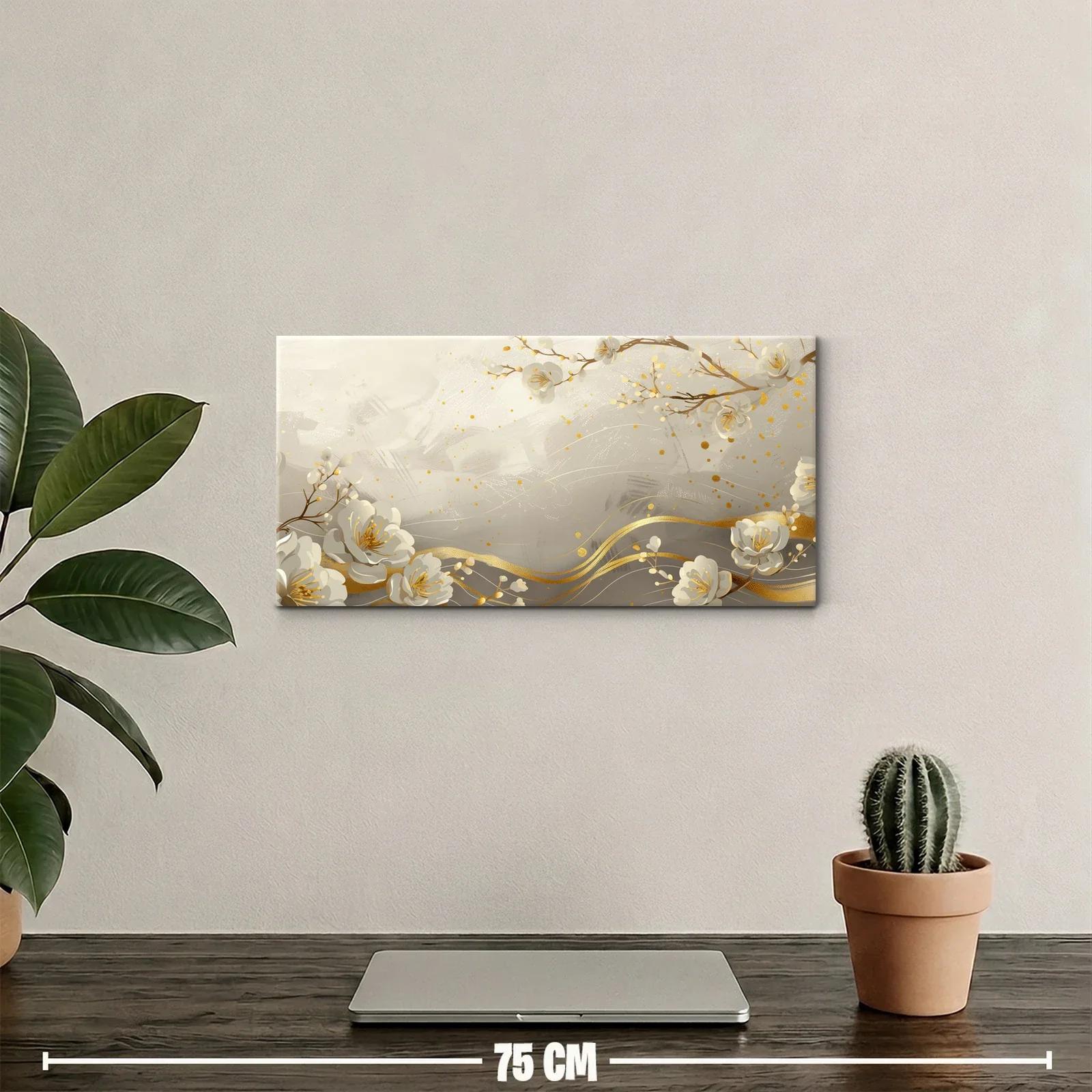 Cuadro flores blancas tipo magnolia con curvas doradas — miniatura 2