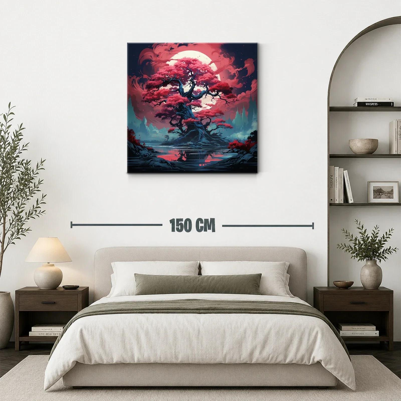 Árbol mágico con hojas rojas bajo luna llena brillante — miniatura 3