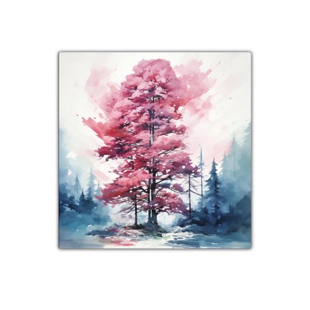 Árbol rosa en paisaje nevado con toque abstracto