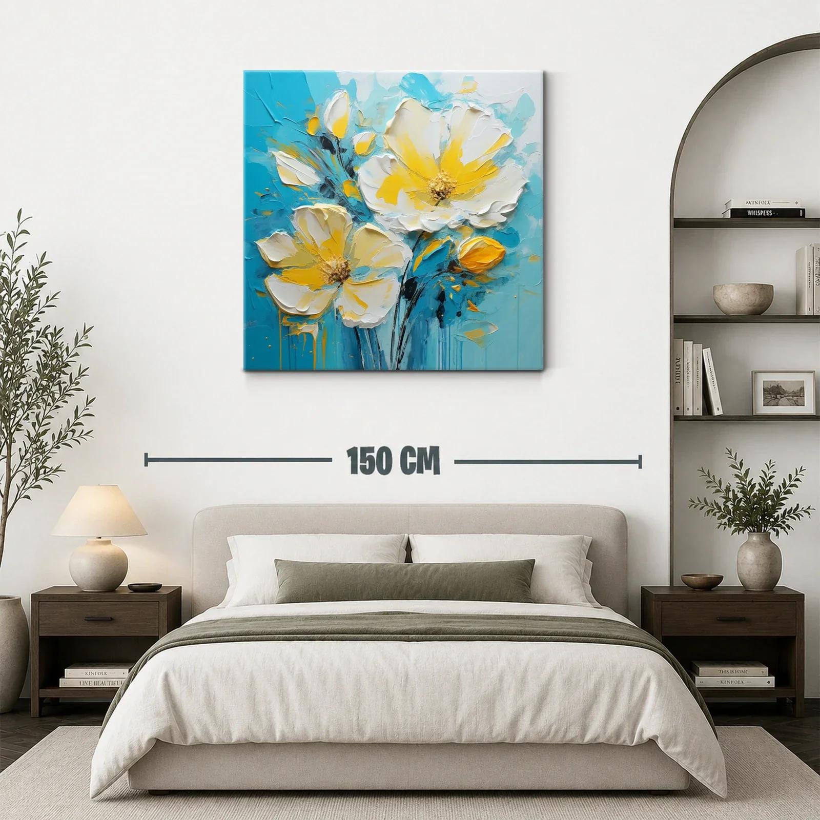 Cuadro floral en tonos amarillos y azul turquesa vibrante — miniatura 3