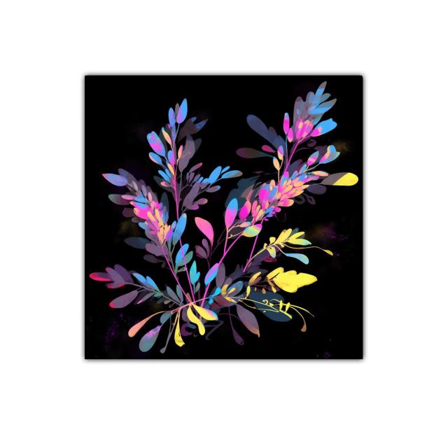 Composición floral vibrante con tonos neón sobre fondo oscuro