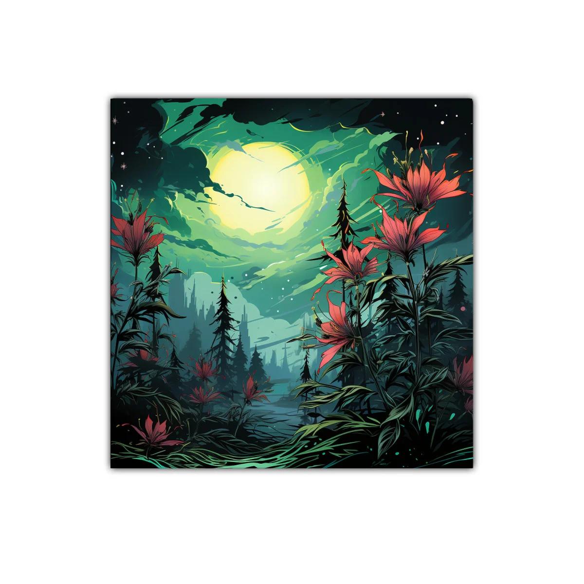 Flores rojas bajo la luna llena en paisaje nocturno encantado — imagen principal