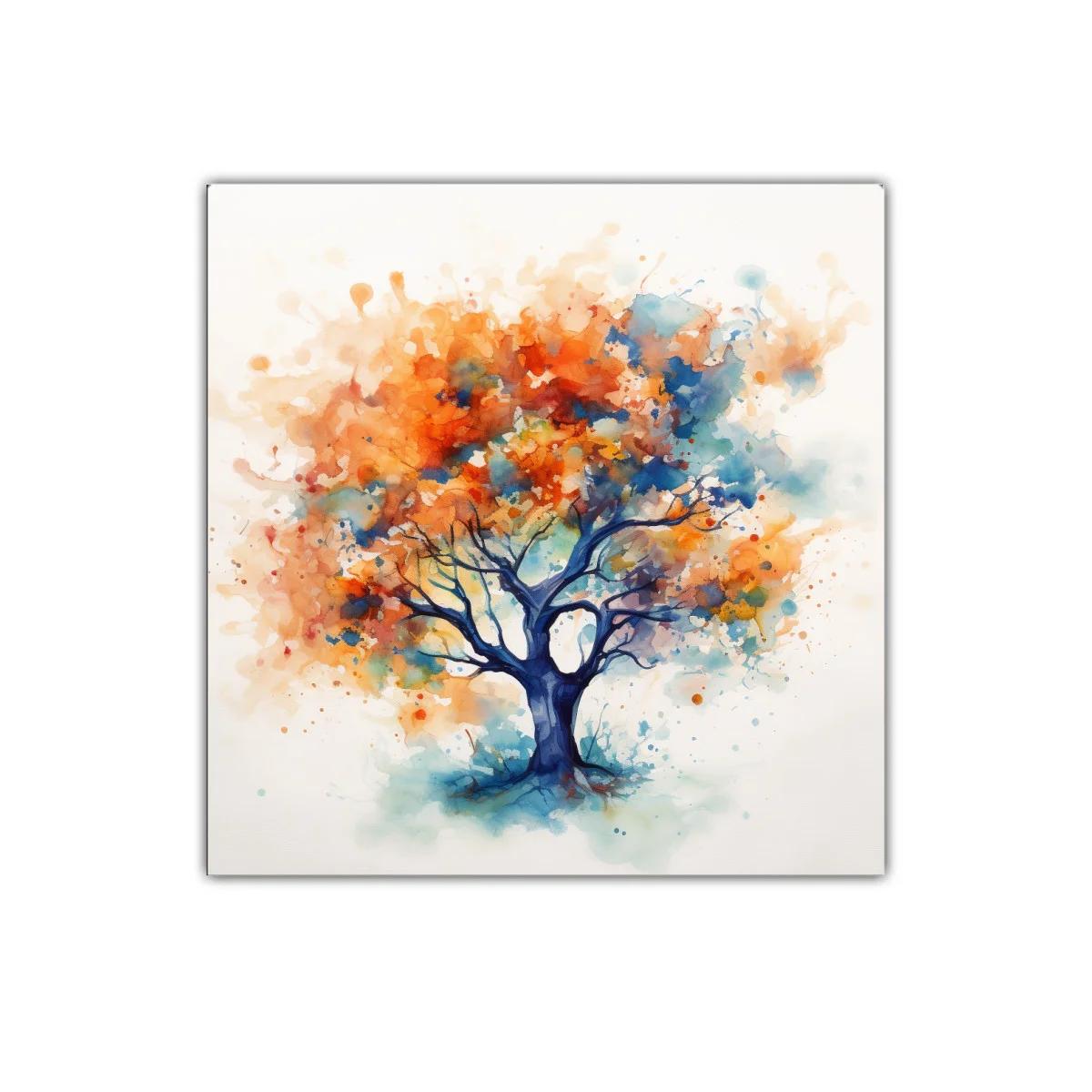 Árbol abstracto en vibrantes tonos otoñales y azules