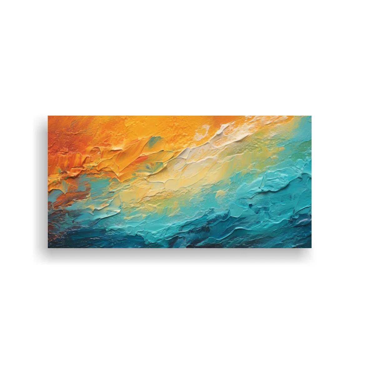 Cuadro textura abstracta en turquesa y coral con franja luminosa