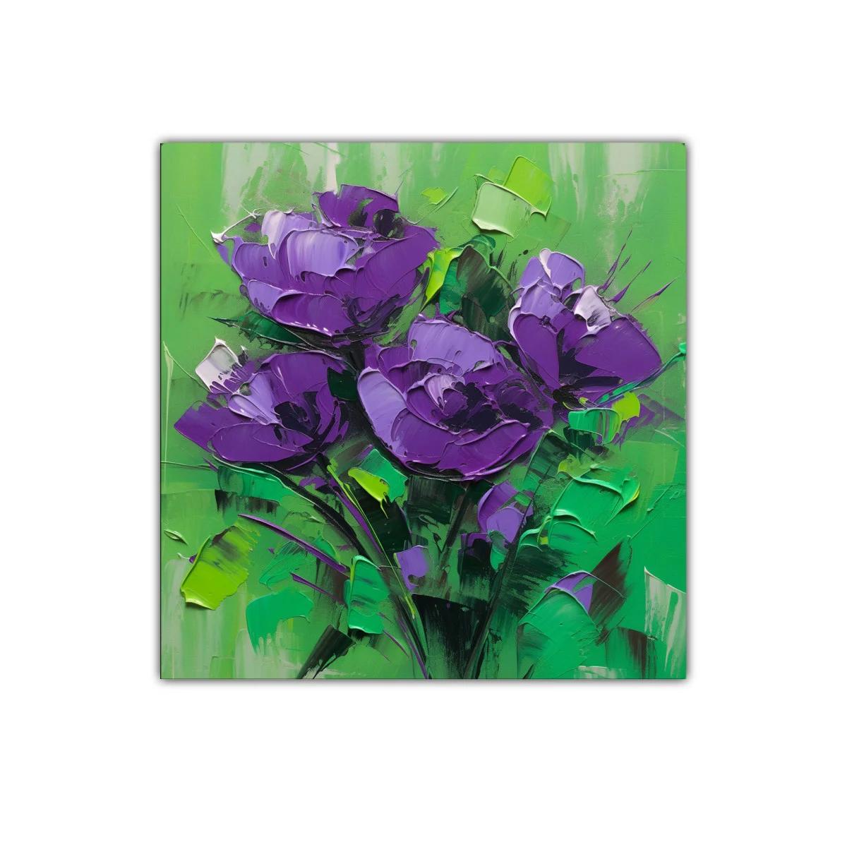 Cuadro con ramo de flores moradas sobre fondo verde vibrante — imagen principal