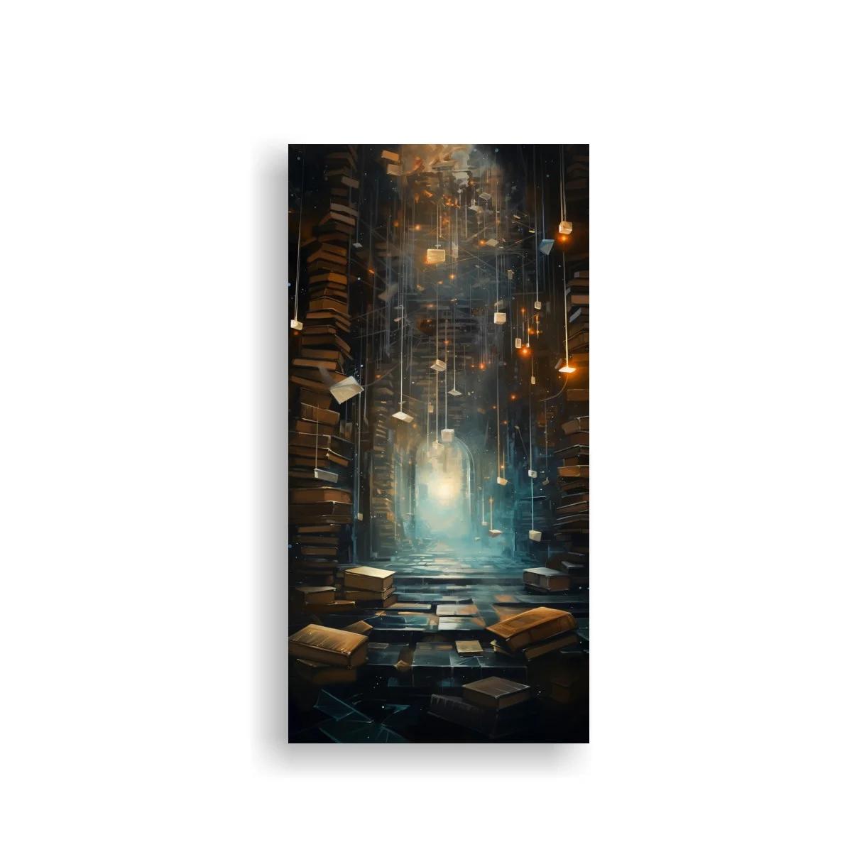 Cuadro biblioteca fantástica con faroles y luz al fondo — imagen principal