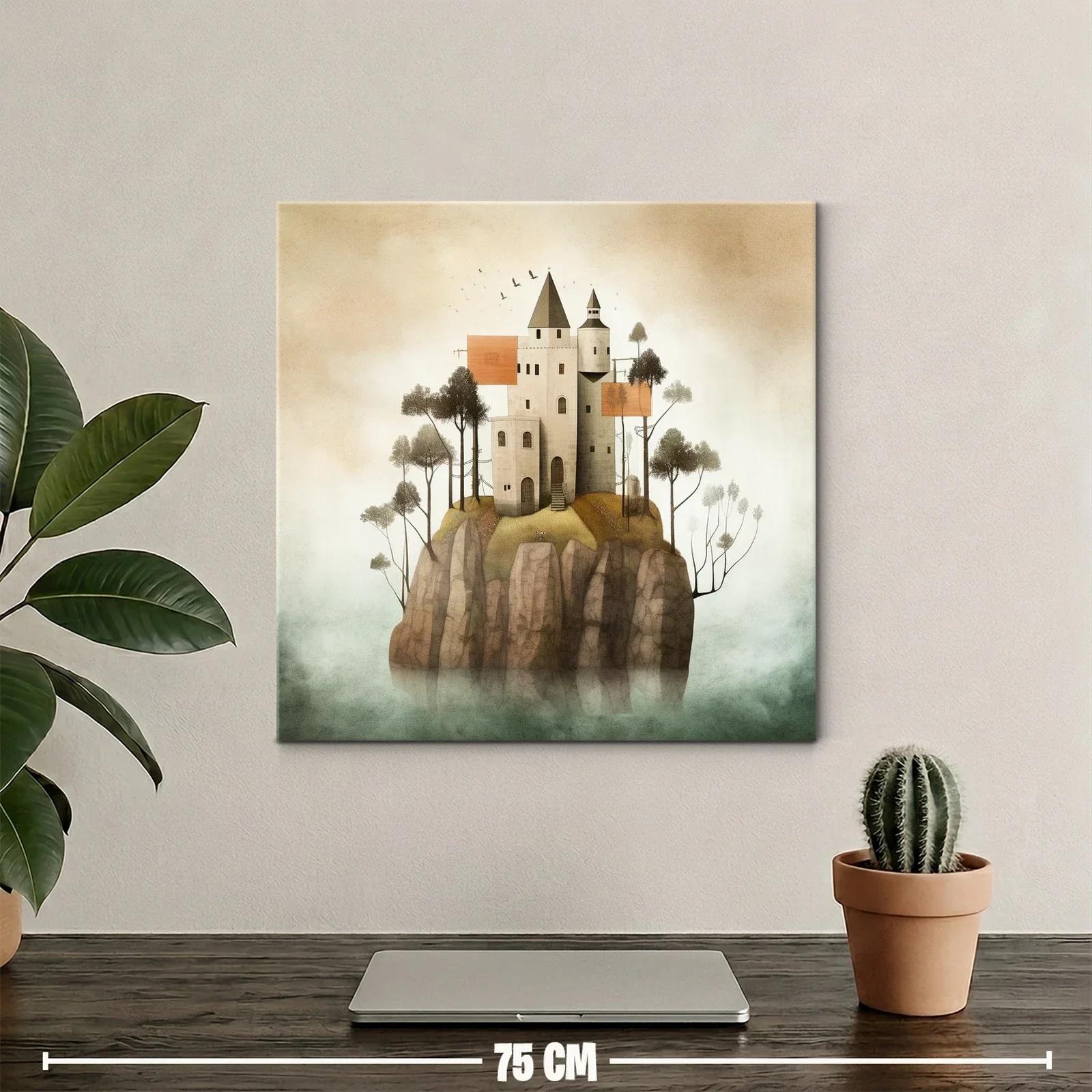 Castillo en isla rocosa con árboles y cielo brumoso — miniatura 2