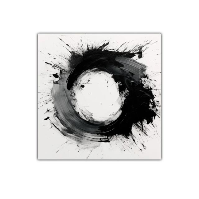 Cuadro abstracto con formas circulares en blanco y negro