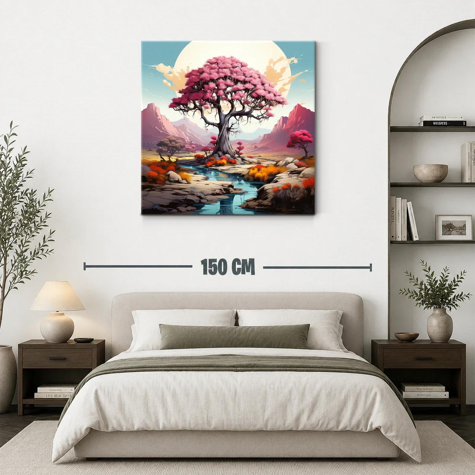 Árbol rosa en paisaje sereno con montañas al fondo — miniatura 3