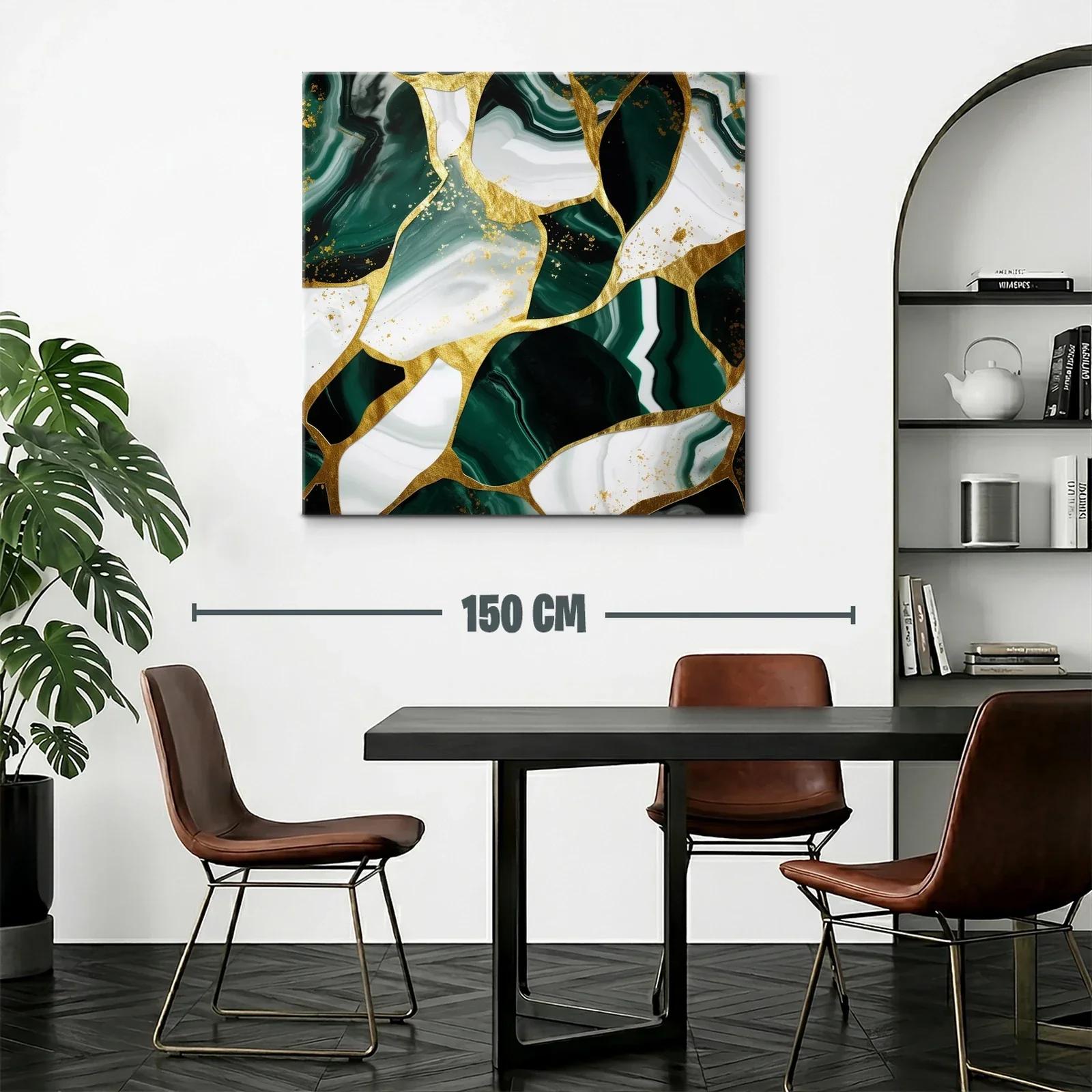 Cuadro abstracto con vetas verdes y detalles dorados — miniatura 2