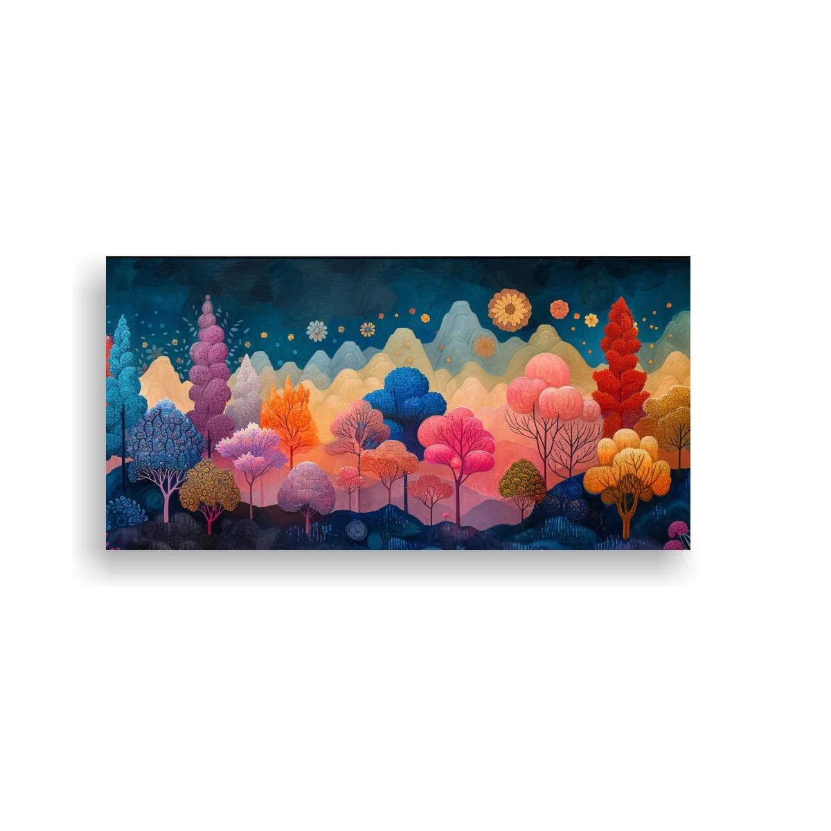 Cuadro bosque de árboles de colores con colinas superpuestas