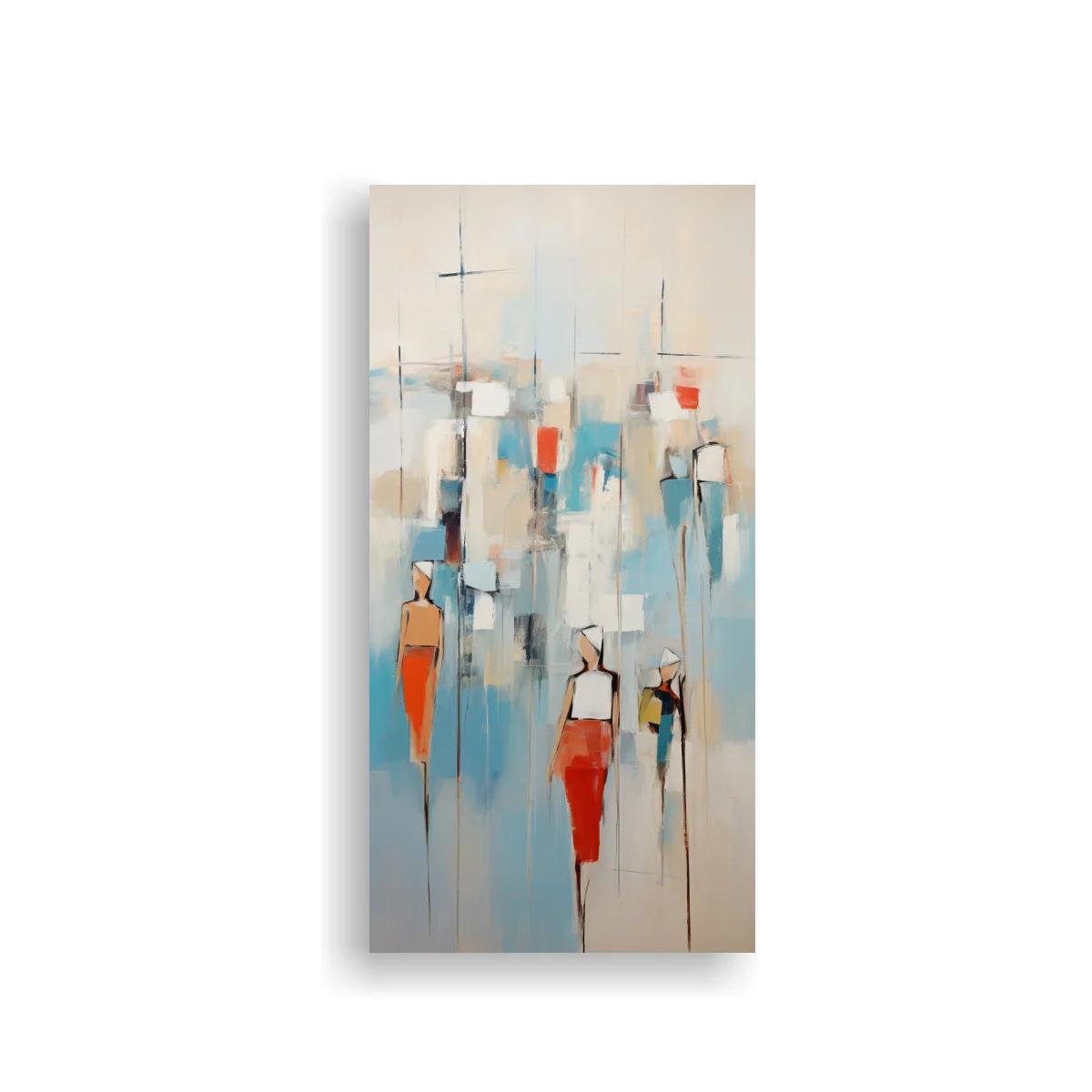 Cuadro figuras humanas abstractas con acentos rojos y azules