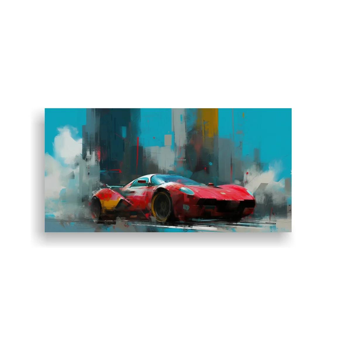Cuadro coche deportivo rojo con fondo urbano turquesa — imagen principal