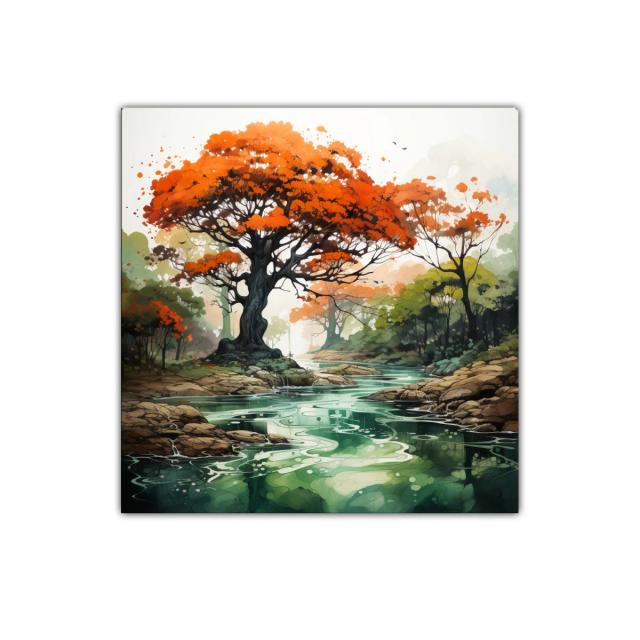 Árbol con follaje rojo sobre río sereno en paisaje natural