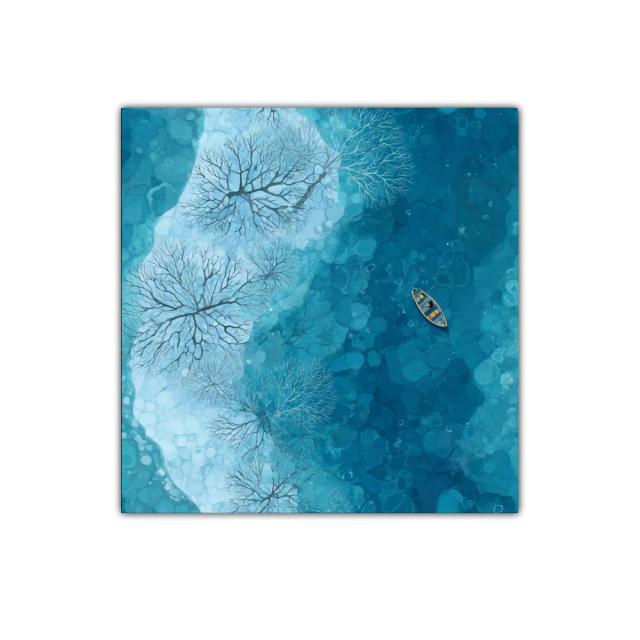 Paisaje Azul con Barco y Árboles para Decorar