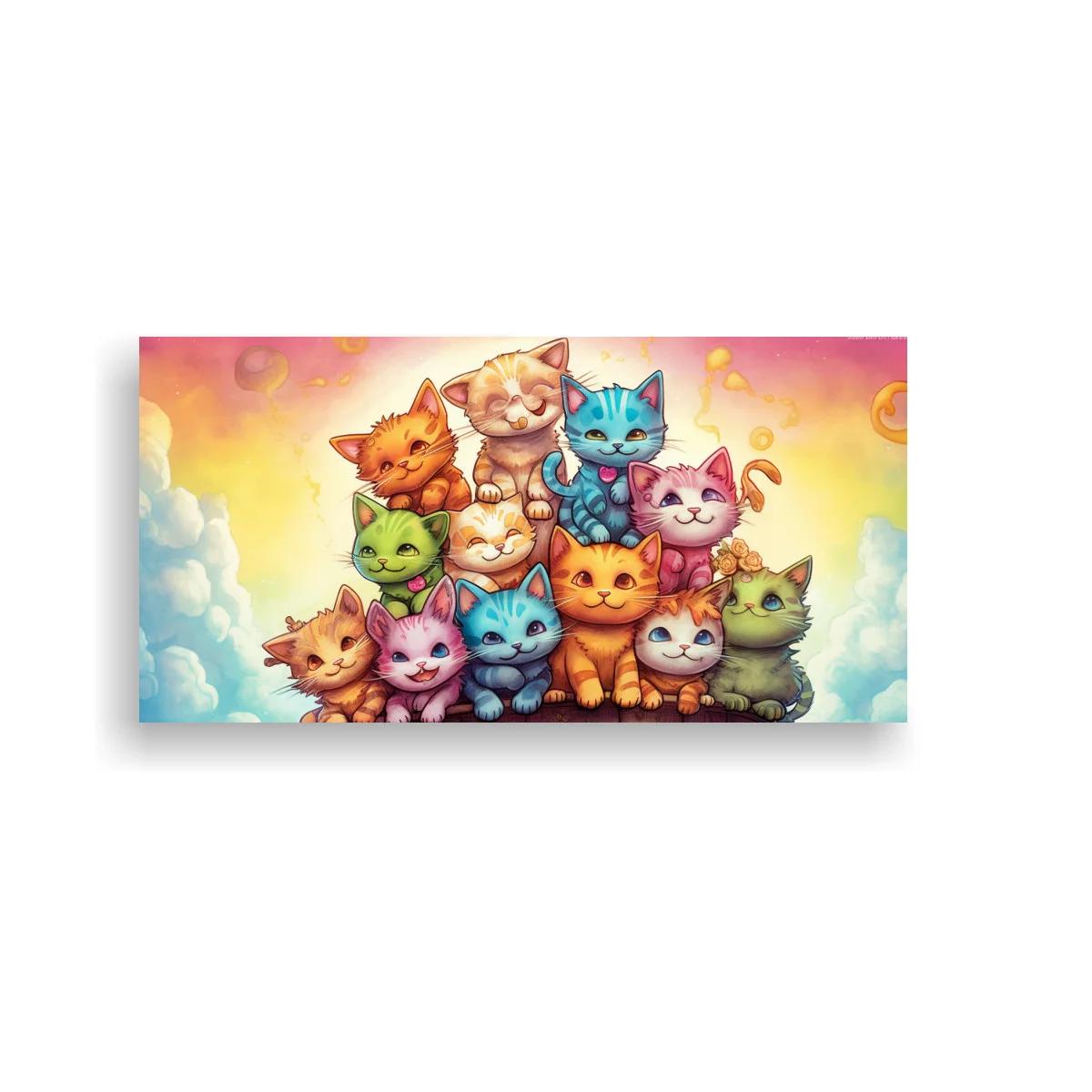 Cuadro grupo de gatos de colores con cielo y nubes