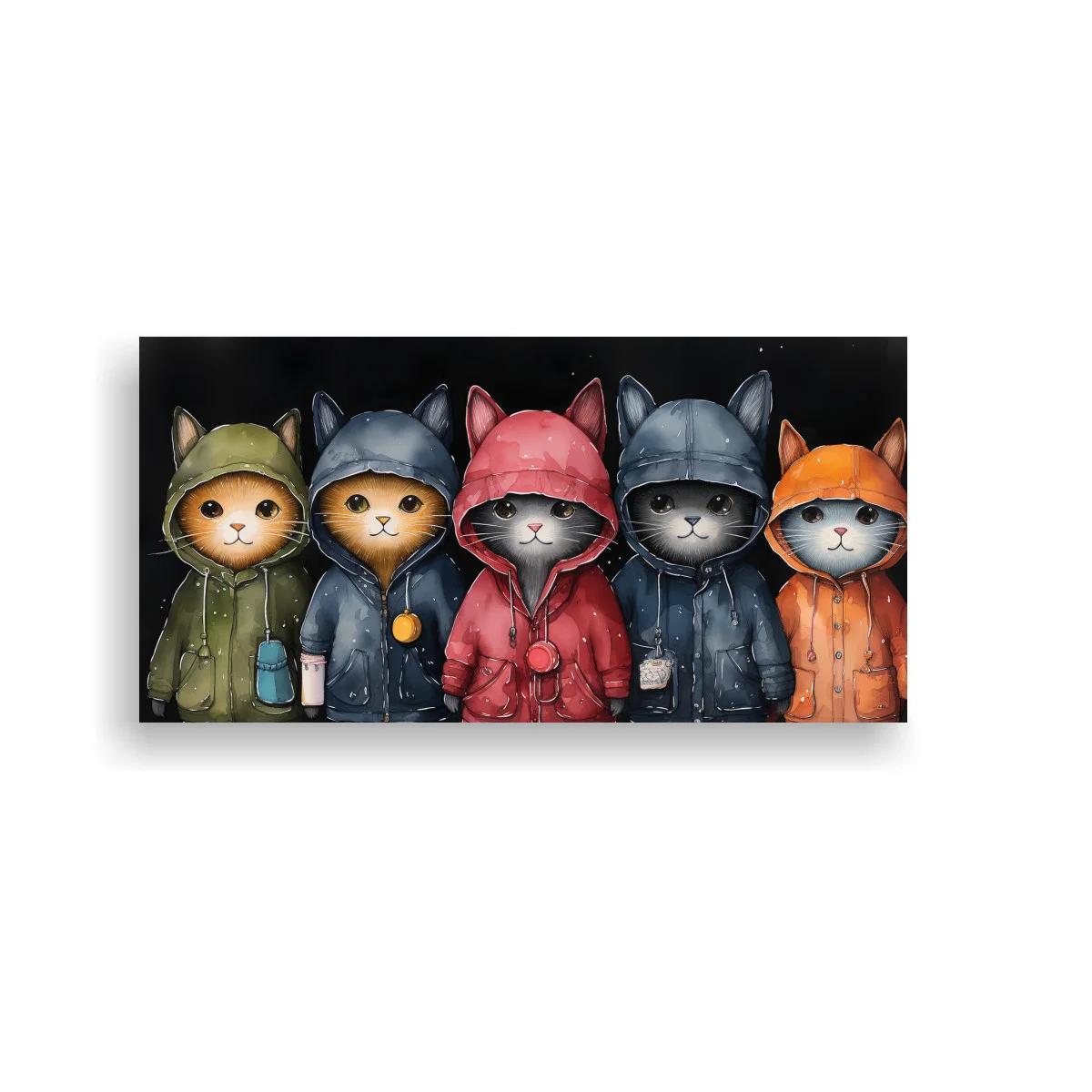 Cuadro cinco gatos con impermeable y faroles colgantes