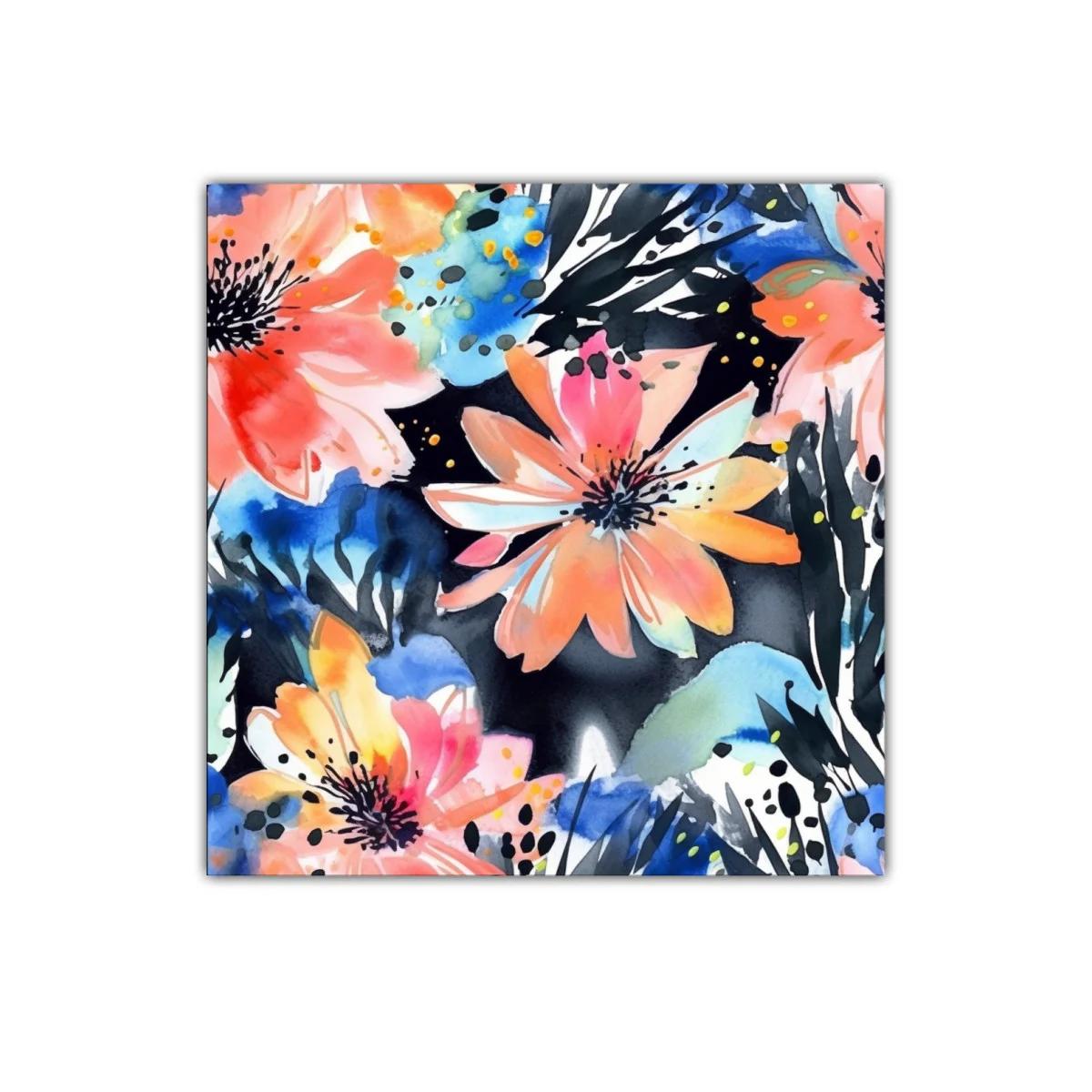 Cuadro floral vibrante con colores cálidos y fríos