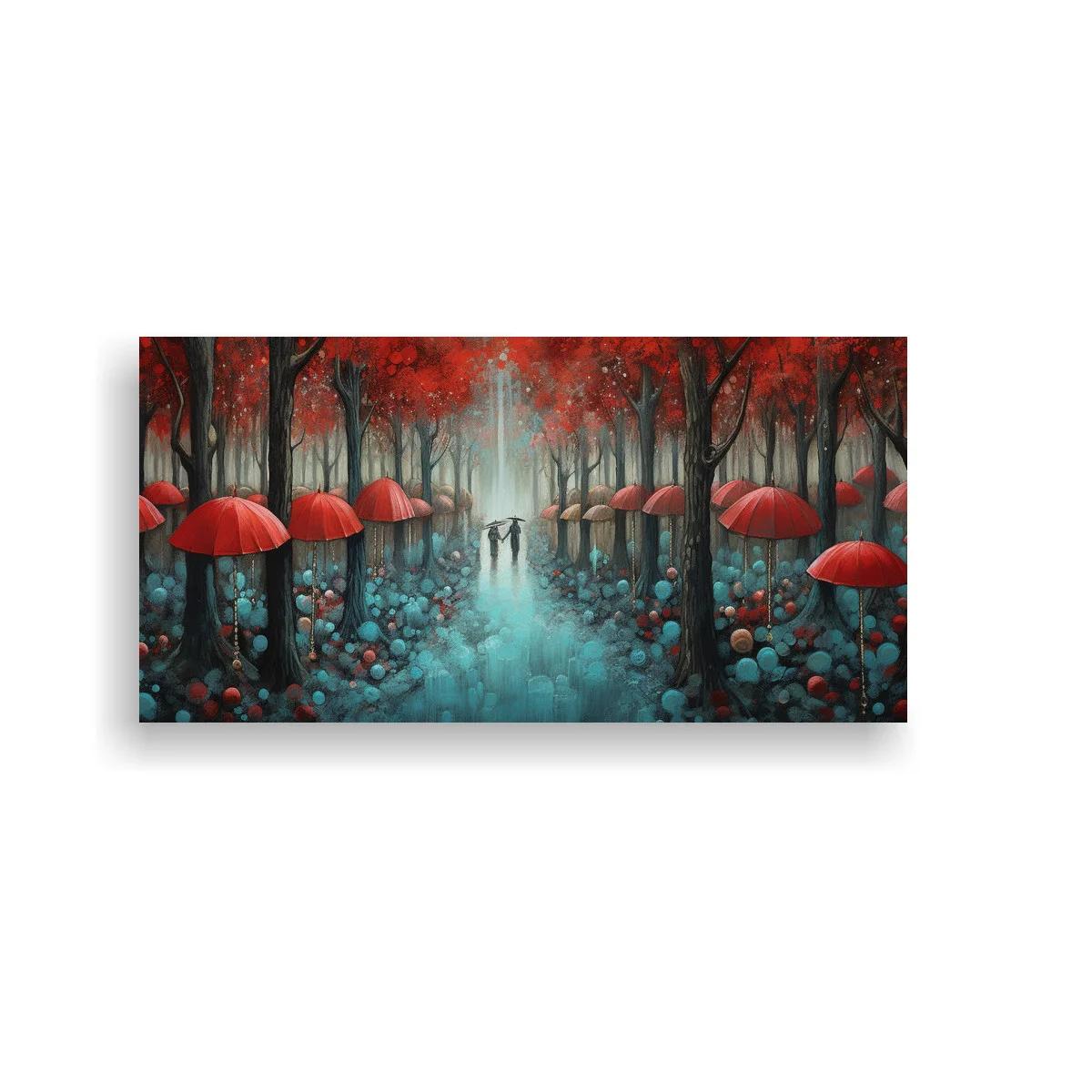 Cuadro bosque con paraguas rojos y sendero entre niebla
