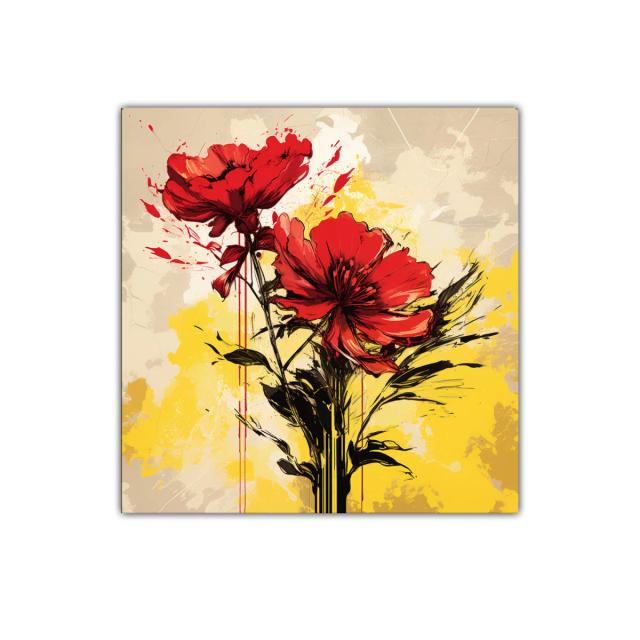 Flor roja vibrante con fondo amarillo y beige