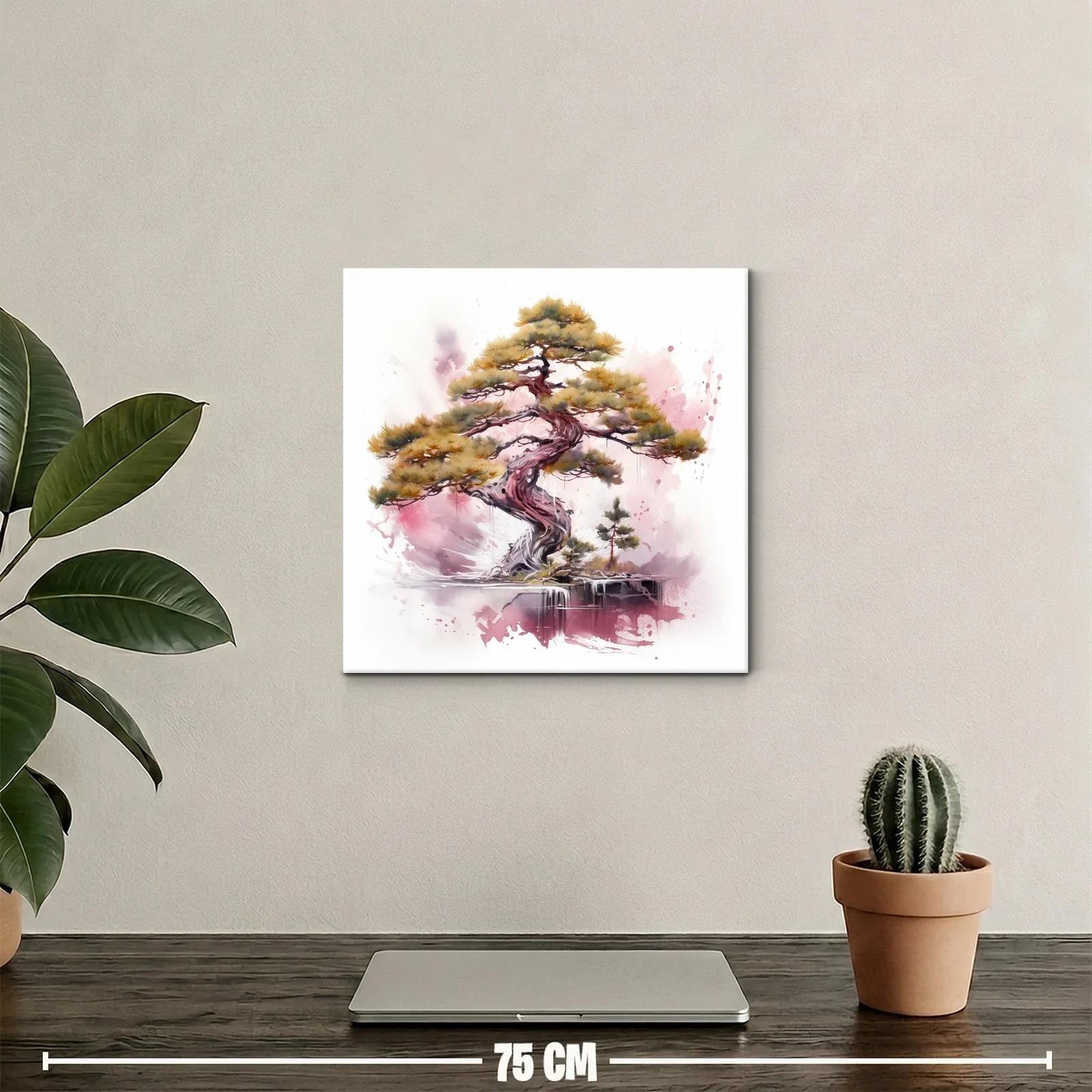Árbol bonsái con tonalidades cálidas y fondo acuarelado rosa — miniatura 2