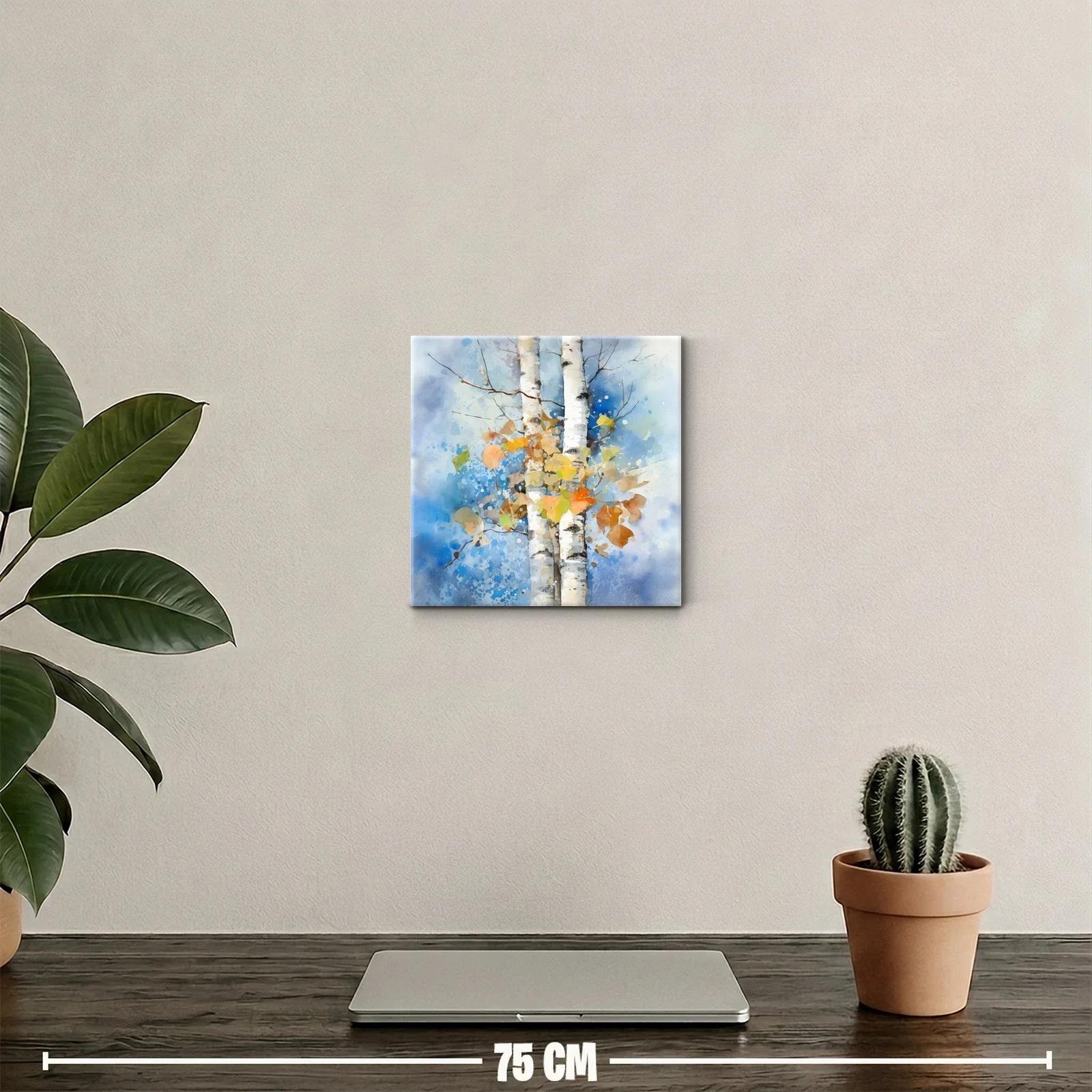 Troncos de abedul con hojas otoñales en fondo azul — miniatura 2