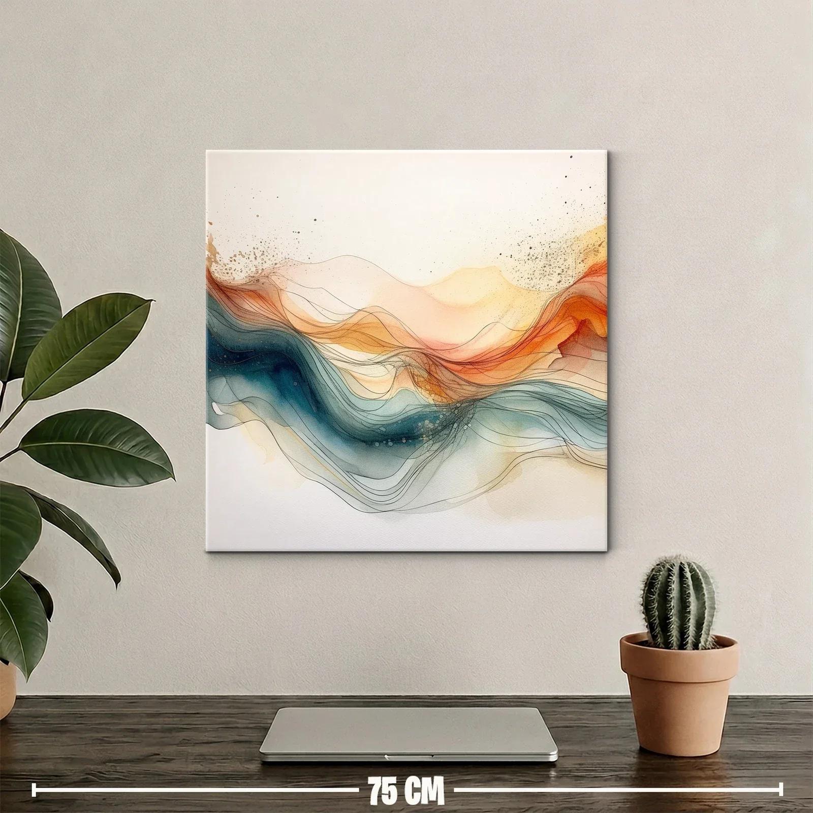 Cuadro abstracto con líneas fluidas y tonos cálidos y fríos — miniatura 2