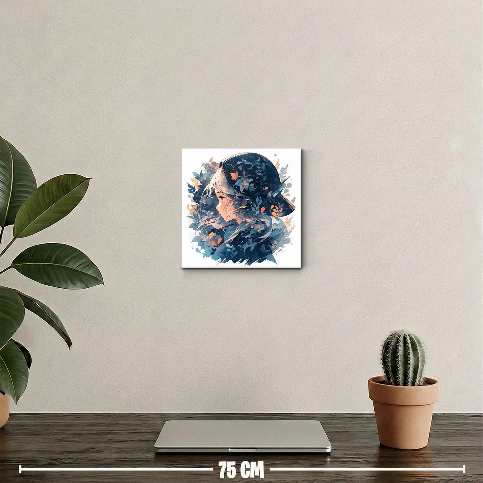 Retrato femenino con motivos florales en tonos azules y naranja — miniatura 2