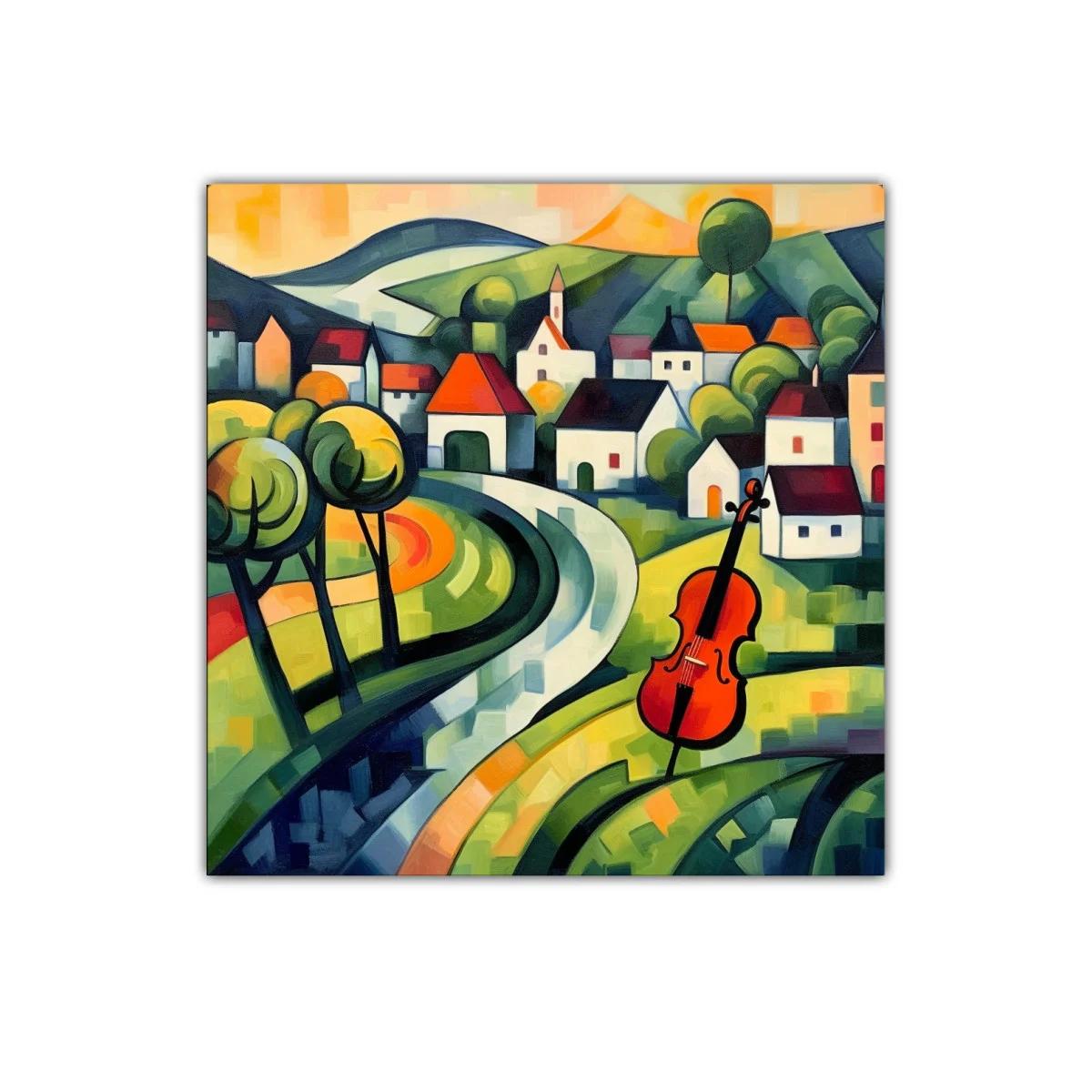 Paisaje con violonchelo en tonos vibrantes y curvas armoniosas