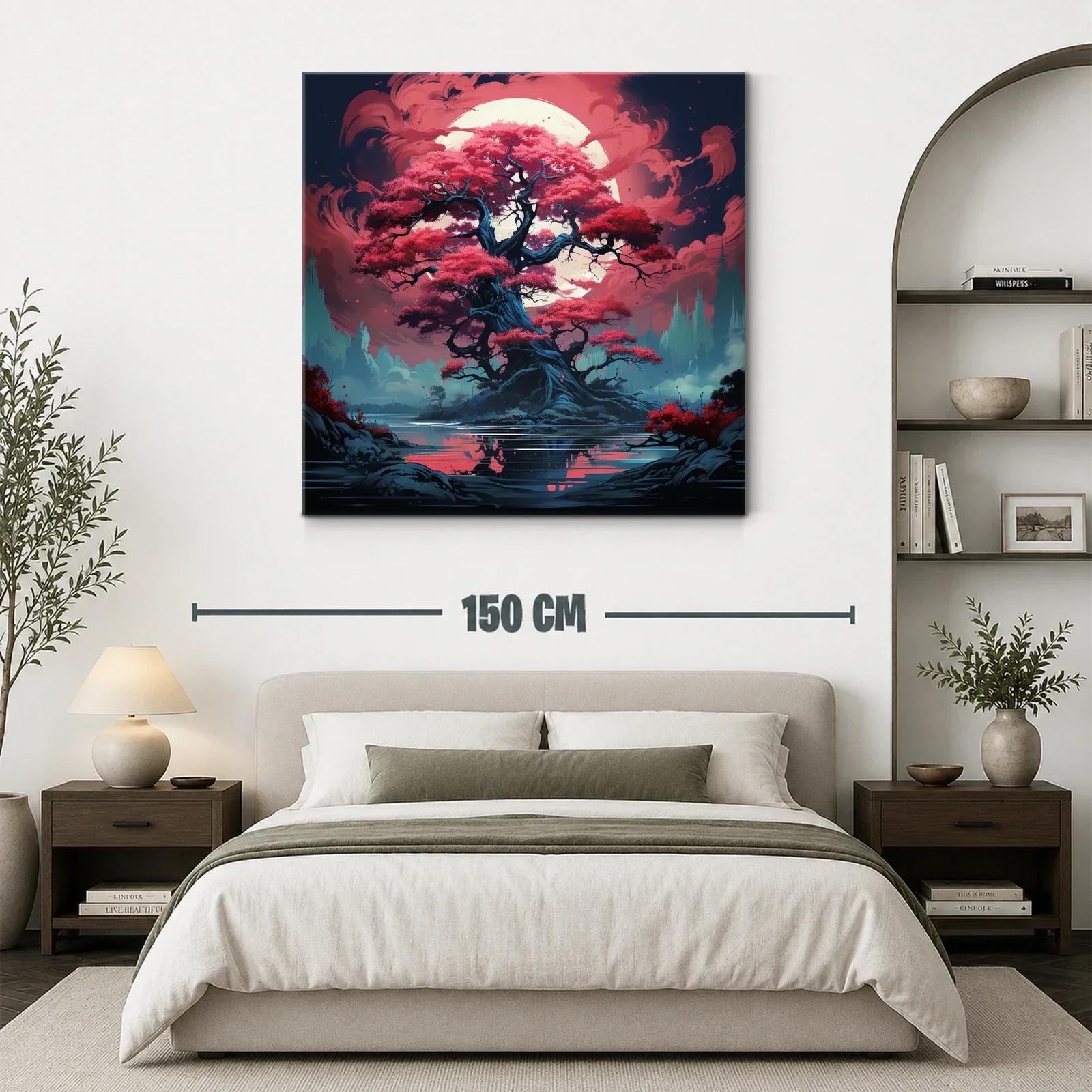 Árbol mágico con hojas rojas bajo luna llena brillante — miniatura 3