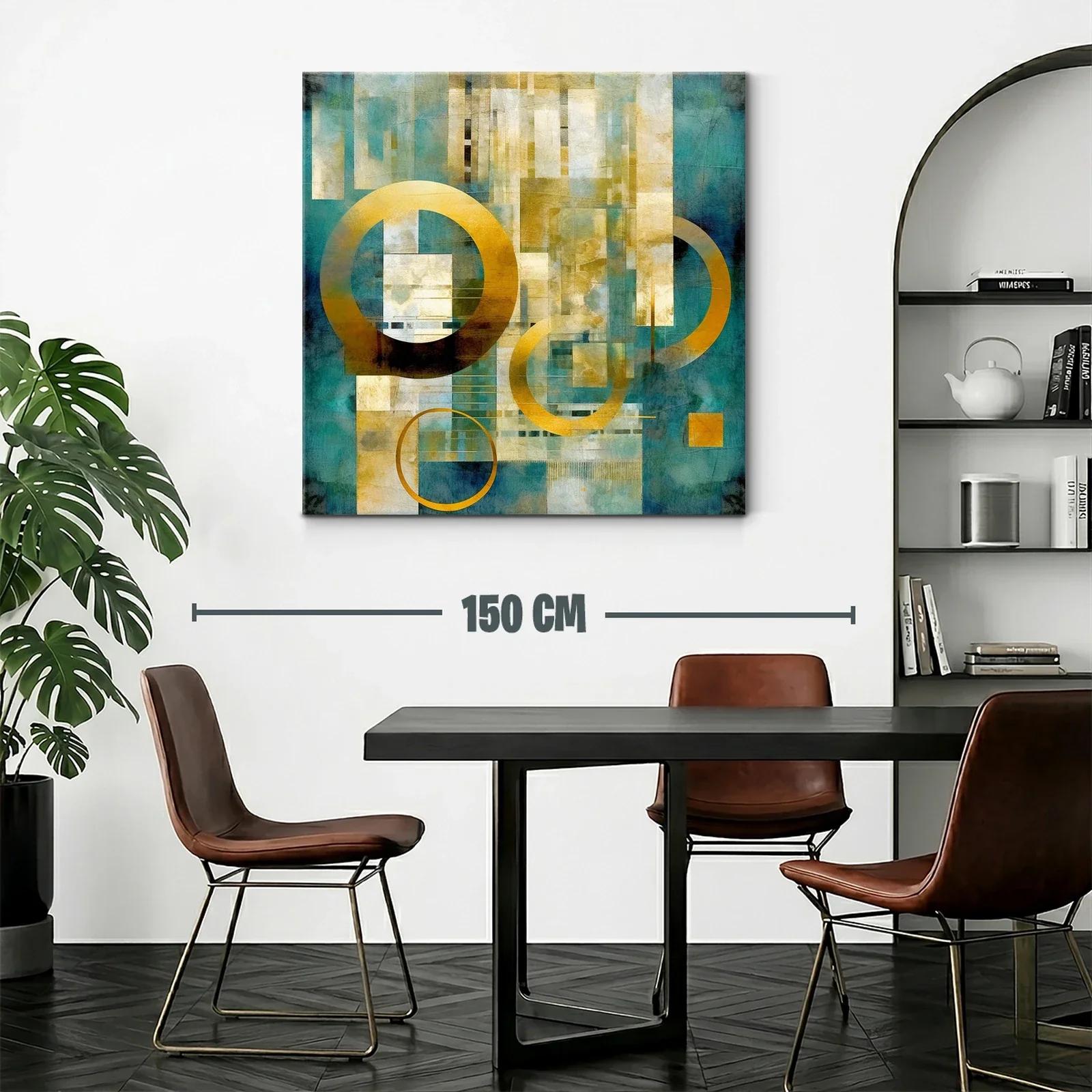 Cuadro abstracto moderno en tonos dorados y turquesa — miniatura 2