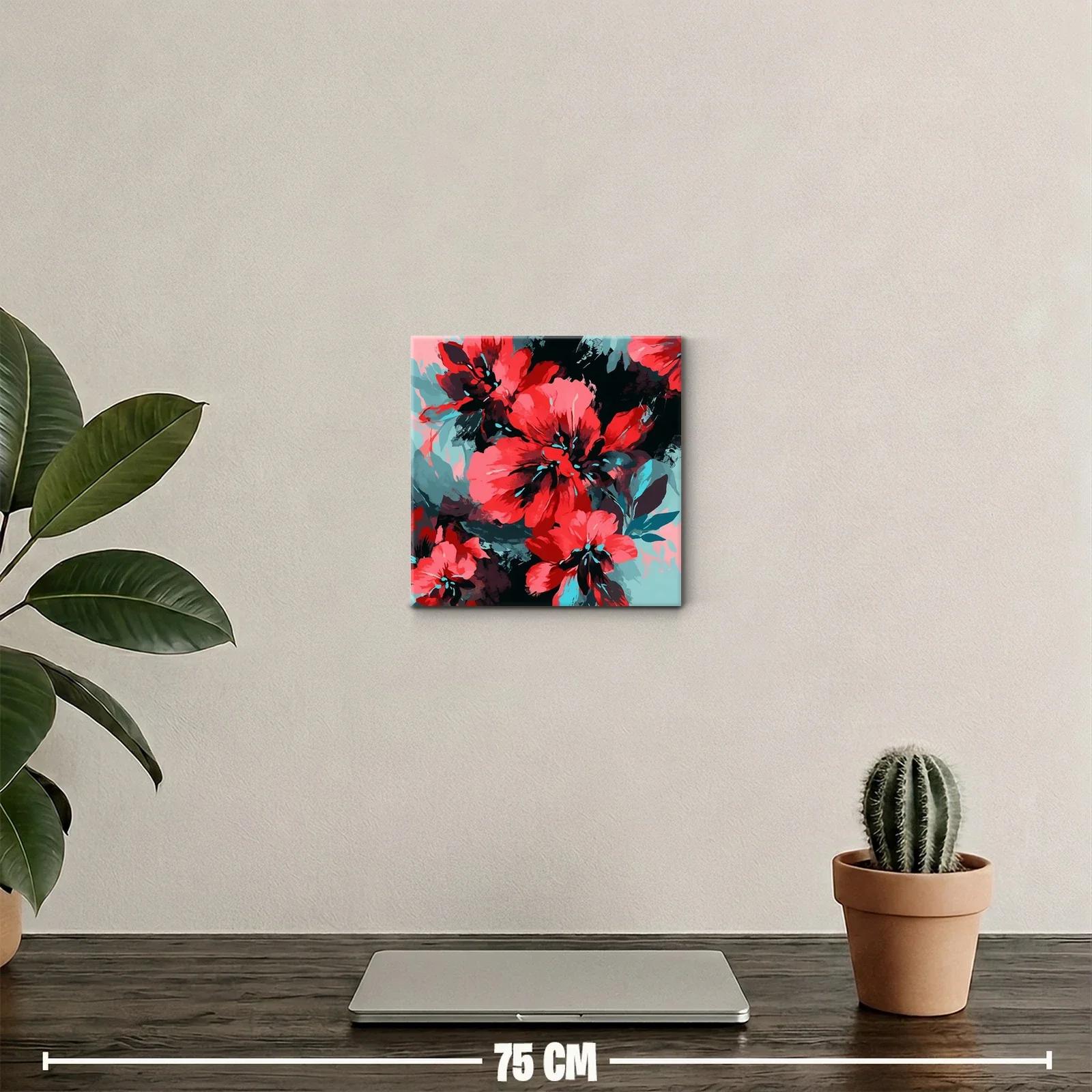 Cuadro decorativo con vibrantes flores rojas y tonos azulados — miniatura 2